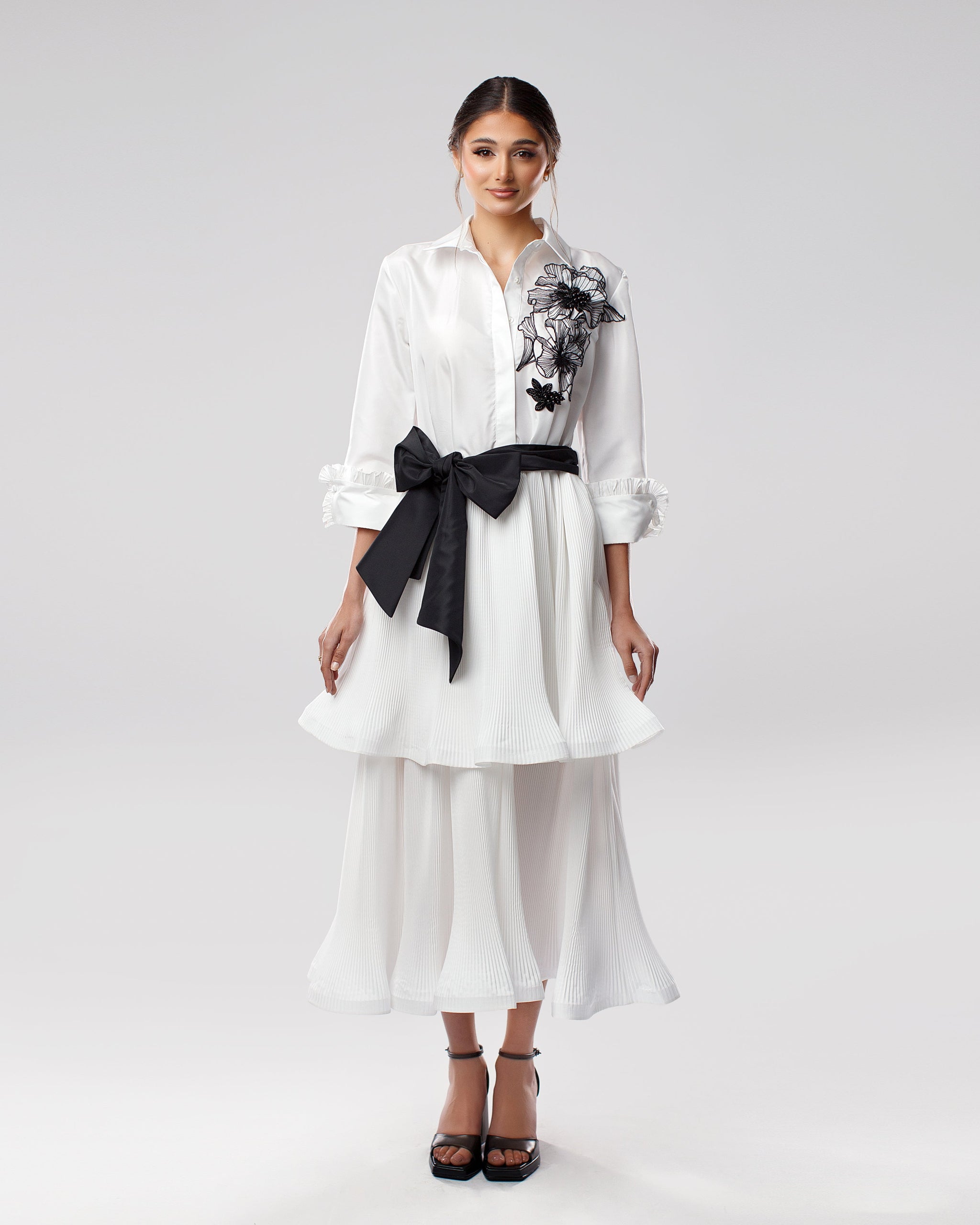 Embroidered Shirt Dress with Pleated Skirt Embroidered Shirt Dress with Pleated Skirt