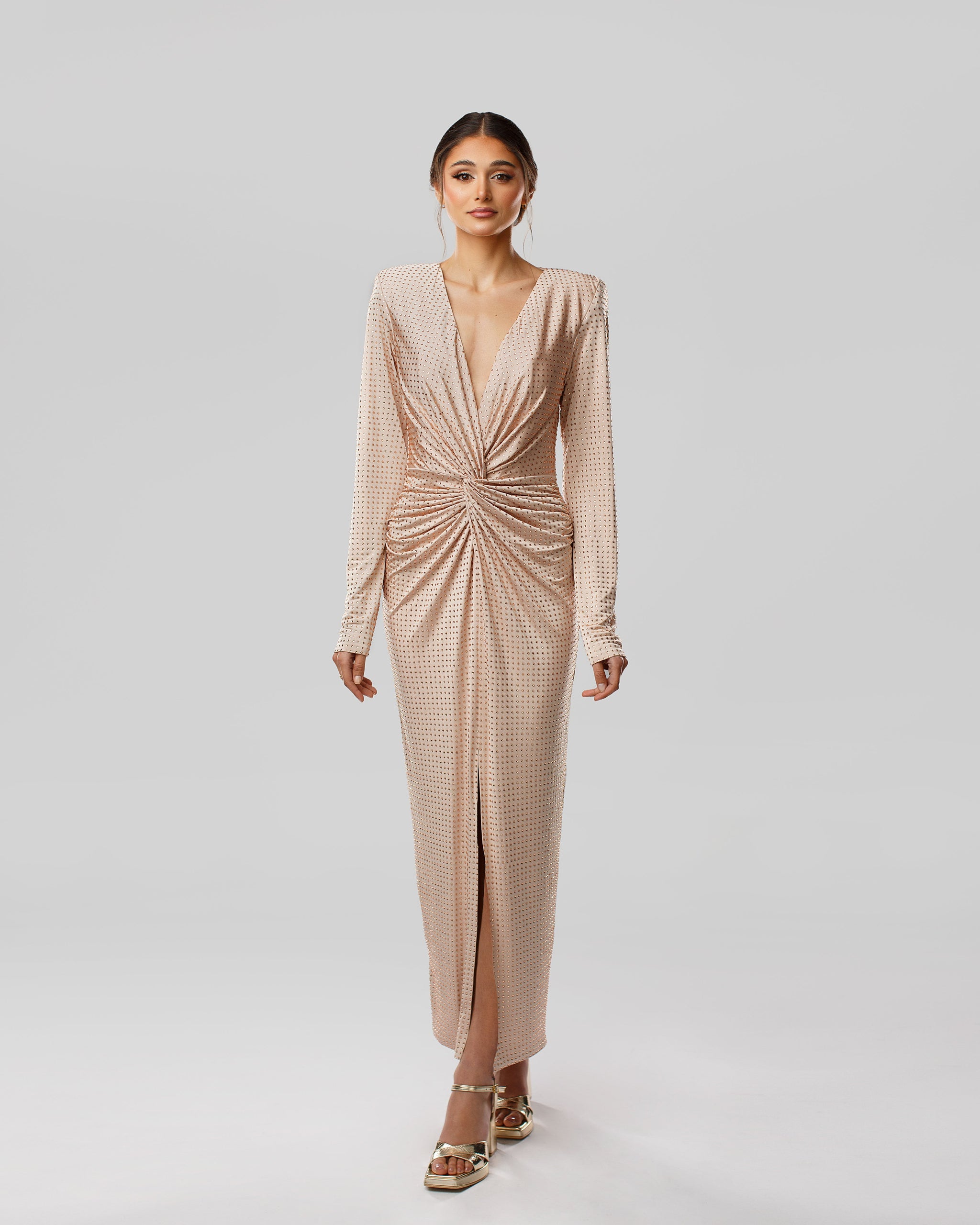 Long-Sleeve Plunging V-Neck Maxi Dress with Crystal Embellishments Long-Sleeve Plunging V-Neck Maxi Dress with Crystal Embellishments