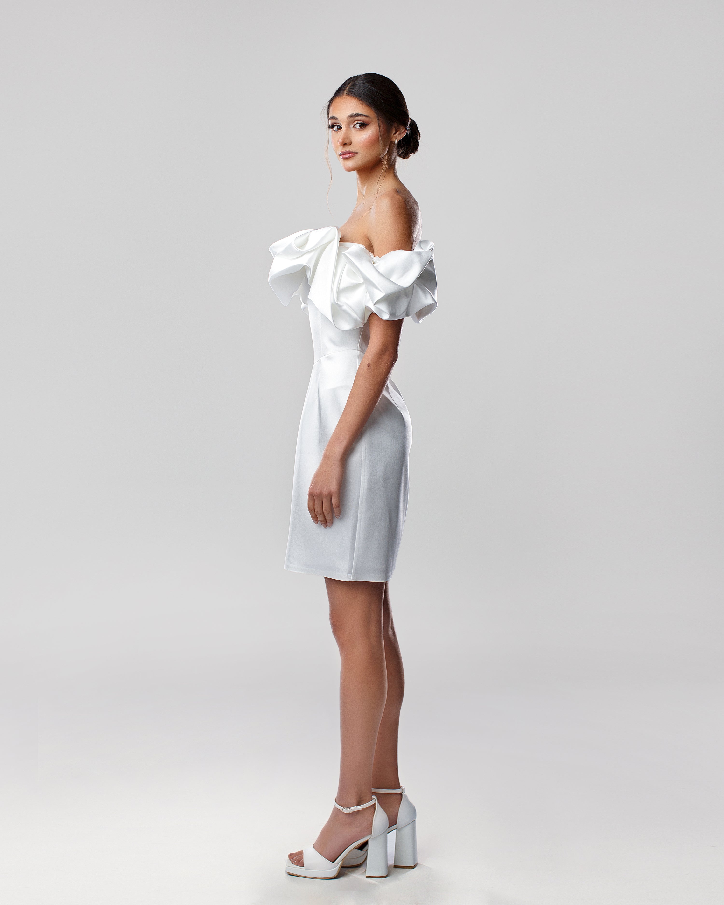 Off-Shoulder Satin Short Dress with Ruffled Neckline