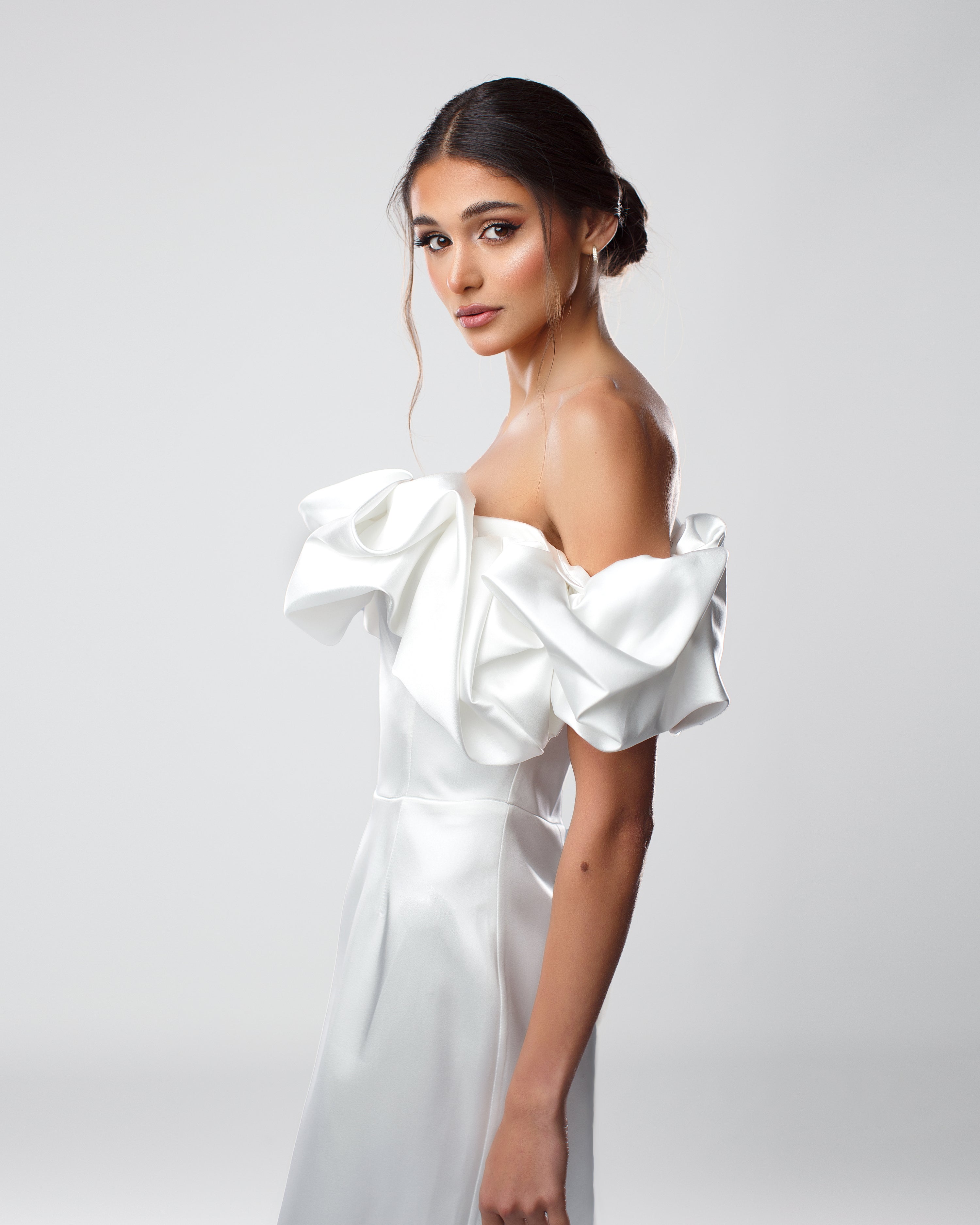 Off-Shoulder Satin Short Dress with Ruffled Neckline