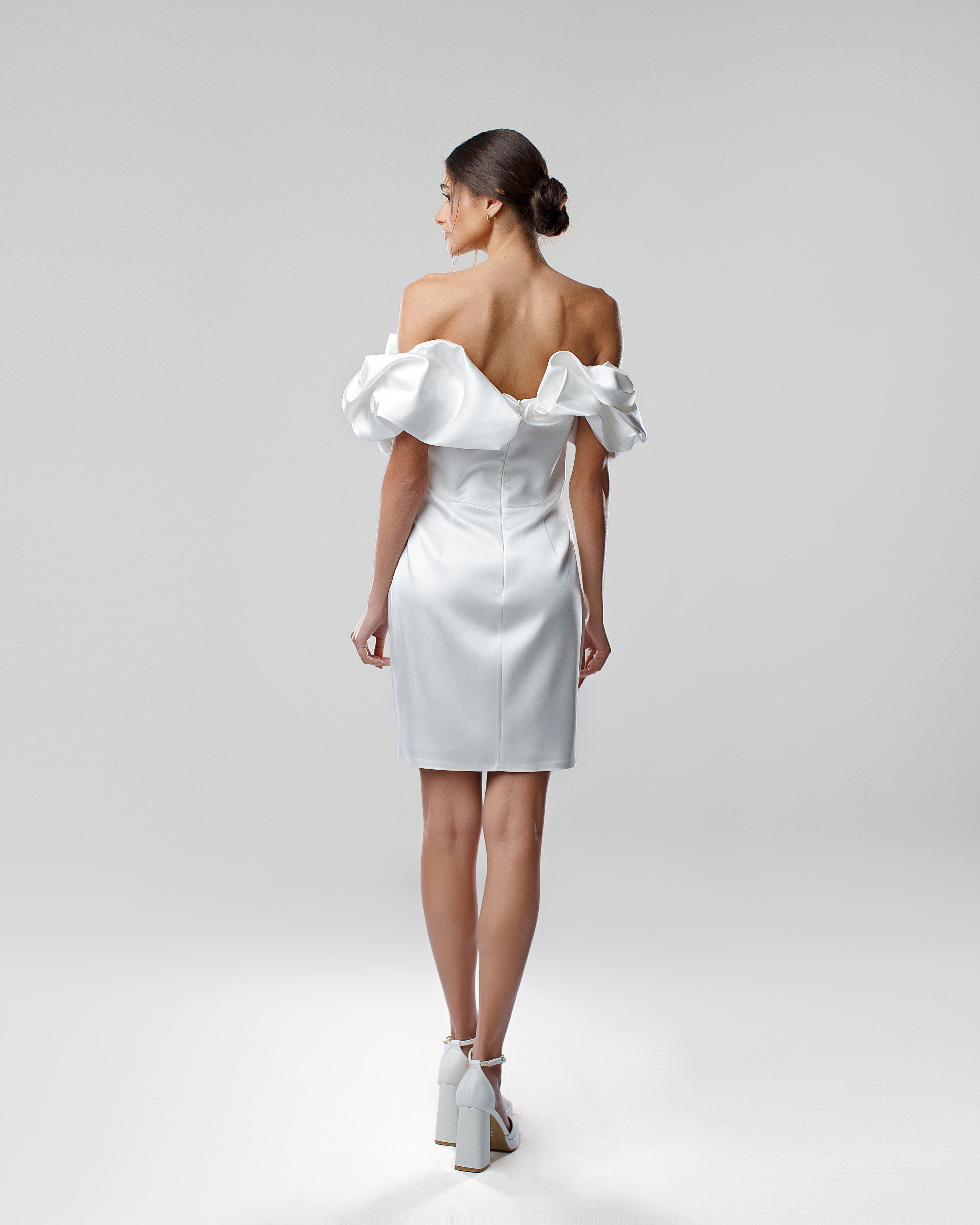 Off-Shoulder Satin Short Dress with Ruffled Neckline