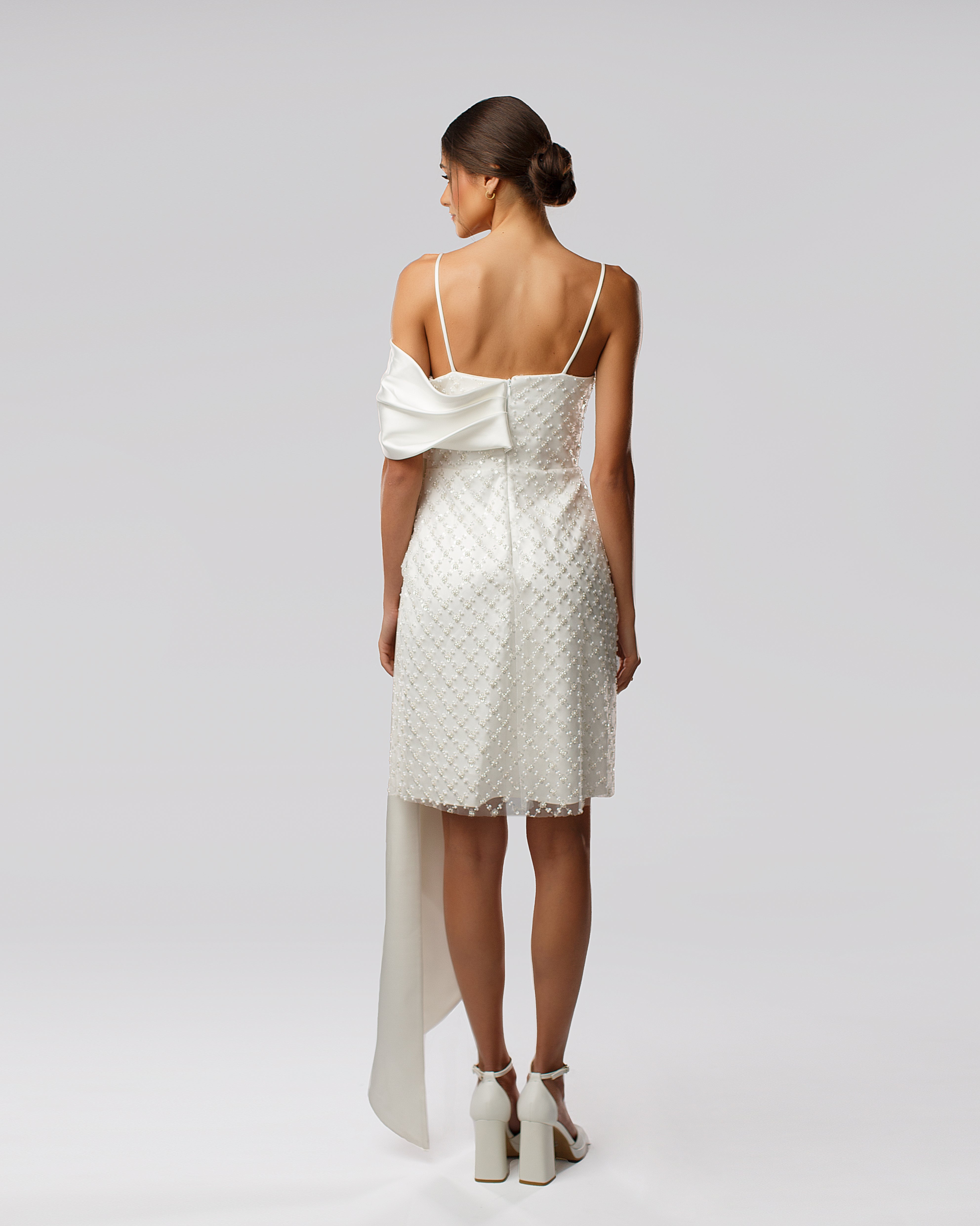One-Shoulder Embroidered Tulle Dress with Satin Drape