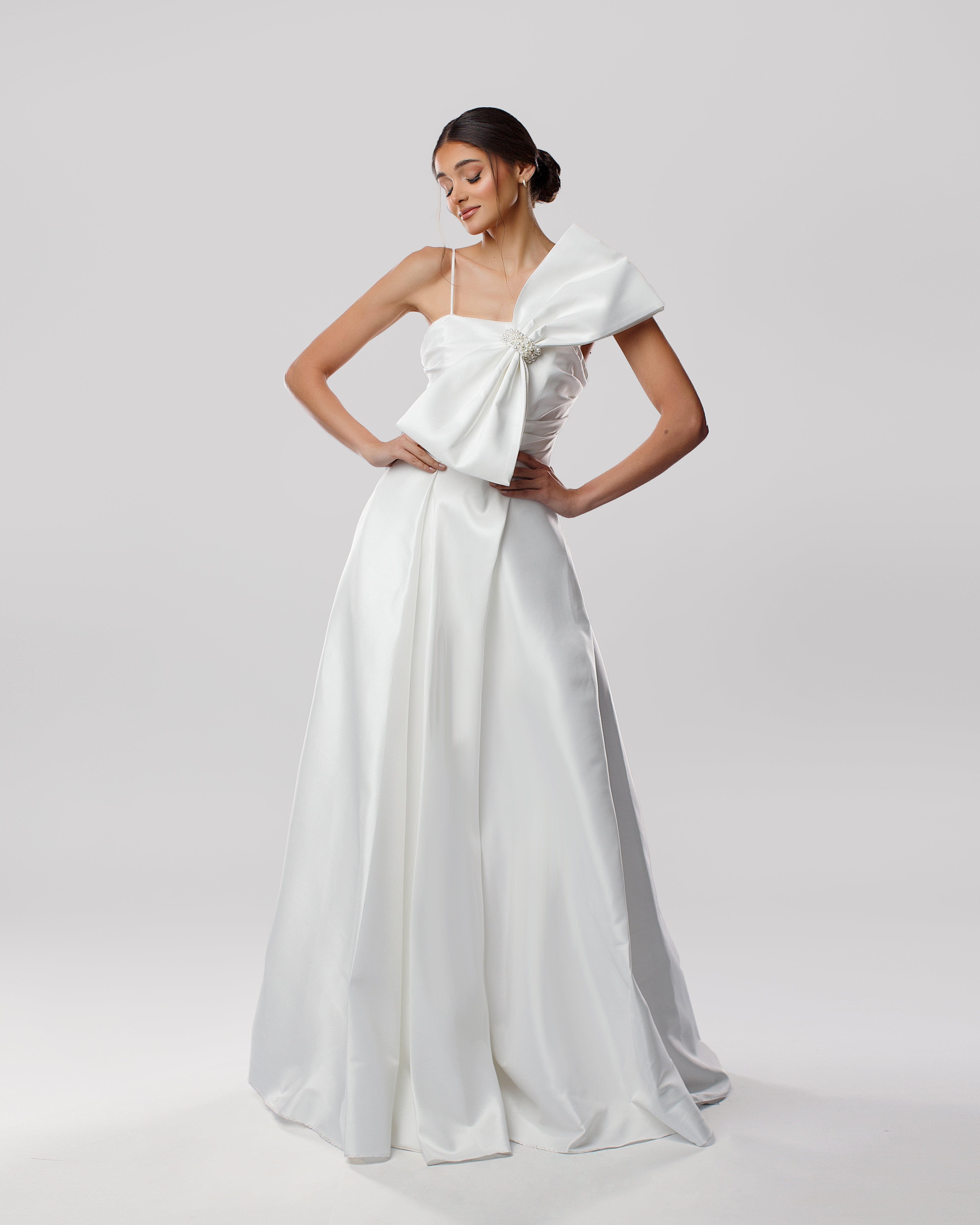 Bridal Long Dress with Large Bow and Side Slit