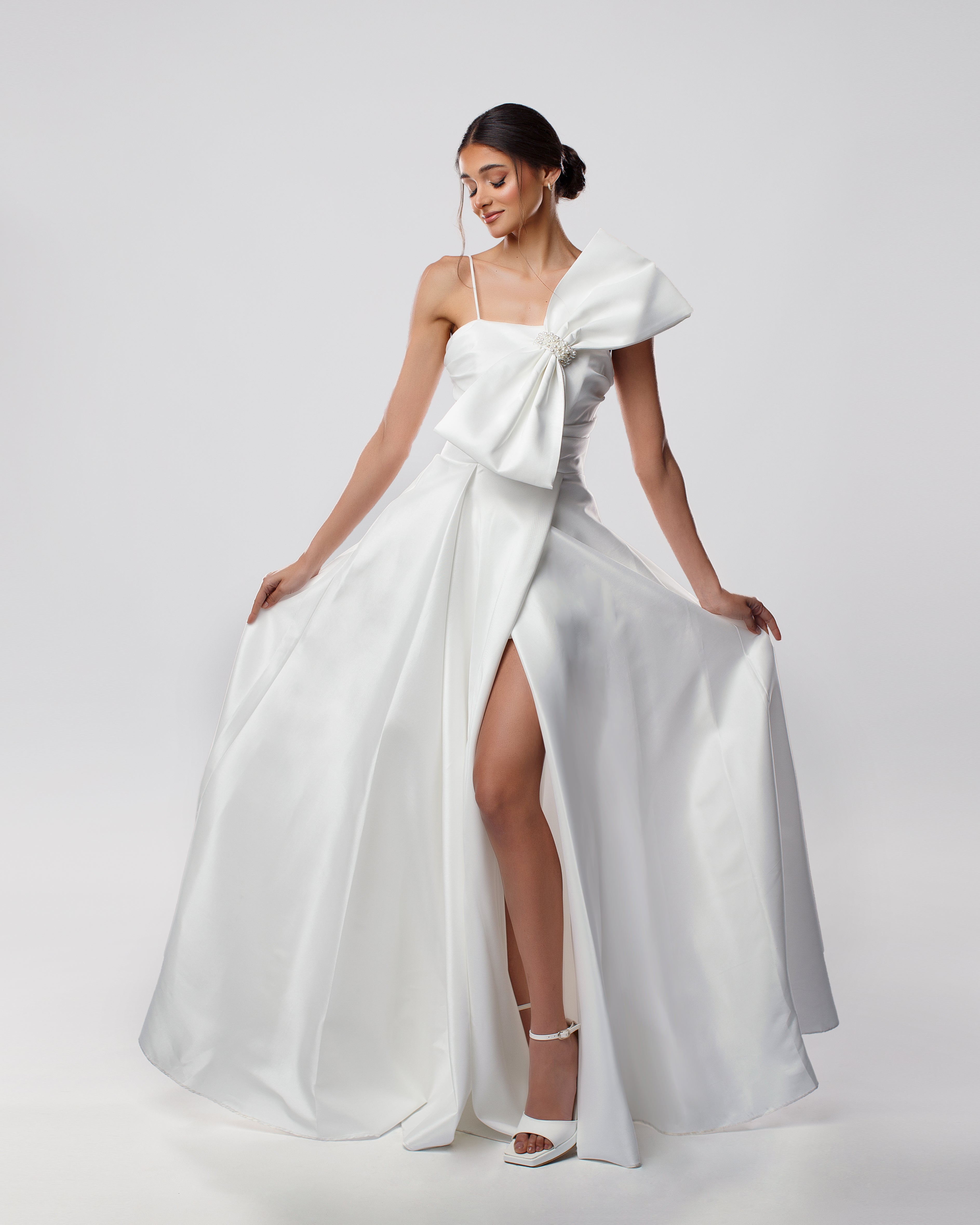 Bridal Long Dress with Large Bow and Side Slit