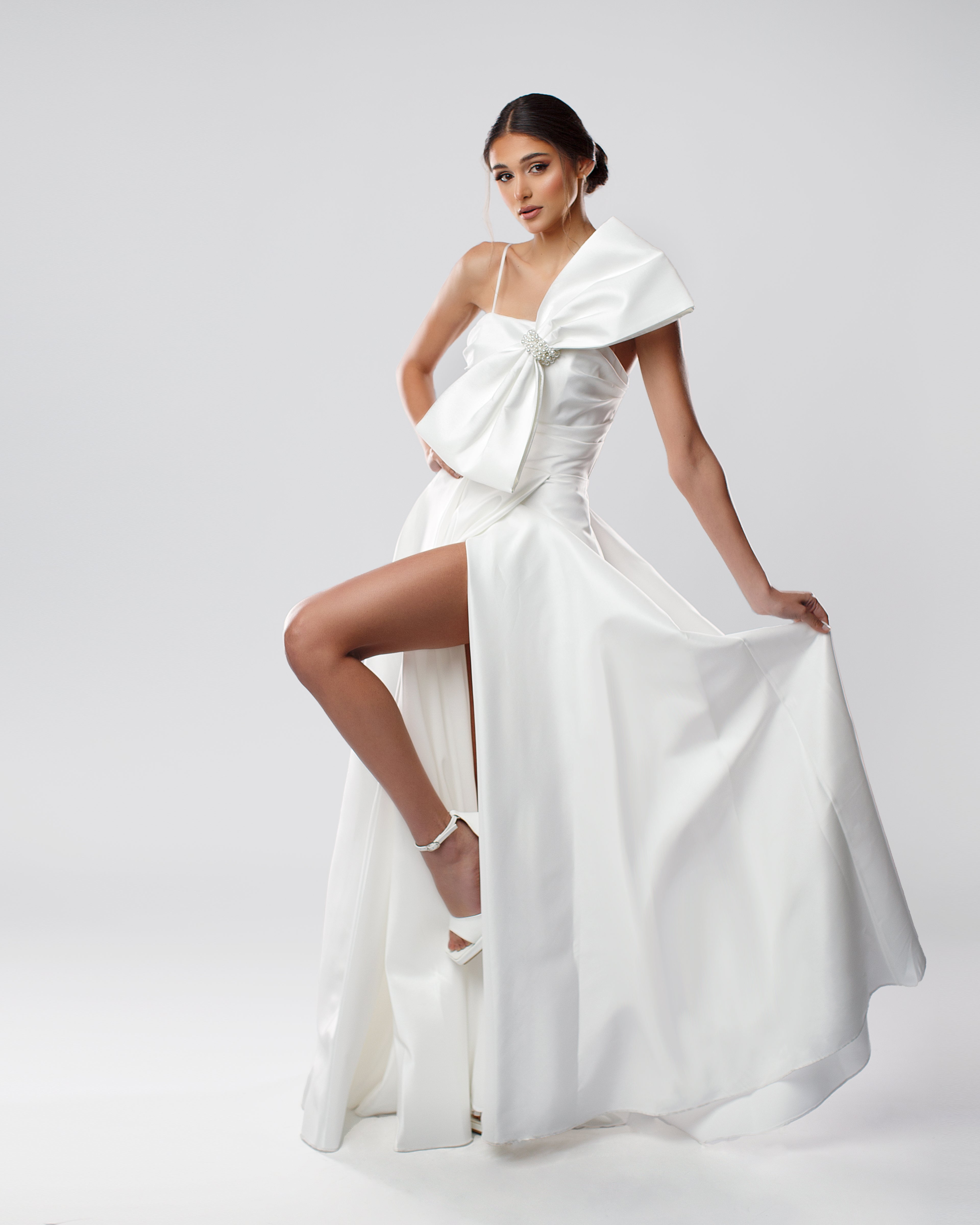 Bridal Long Dress with Large Bow and Side Slit