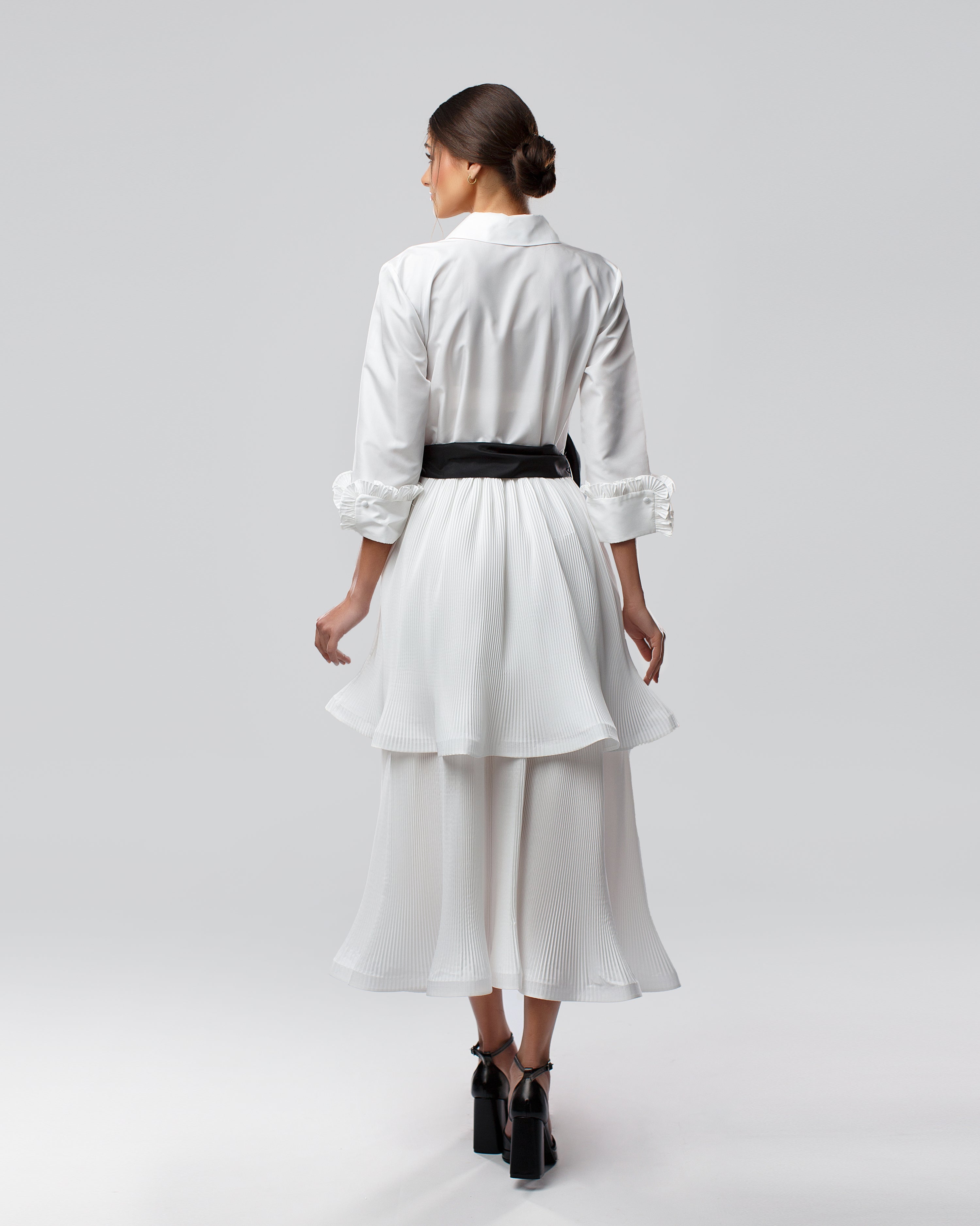 Embroidered Shirt Dress with Pleated Skirt