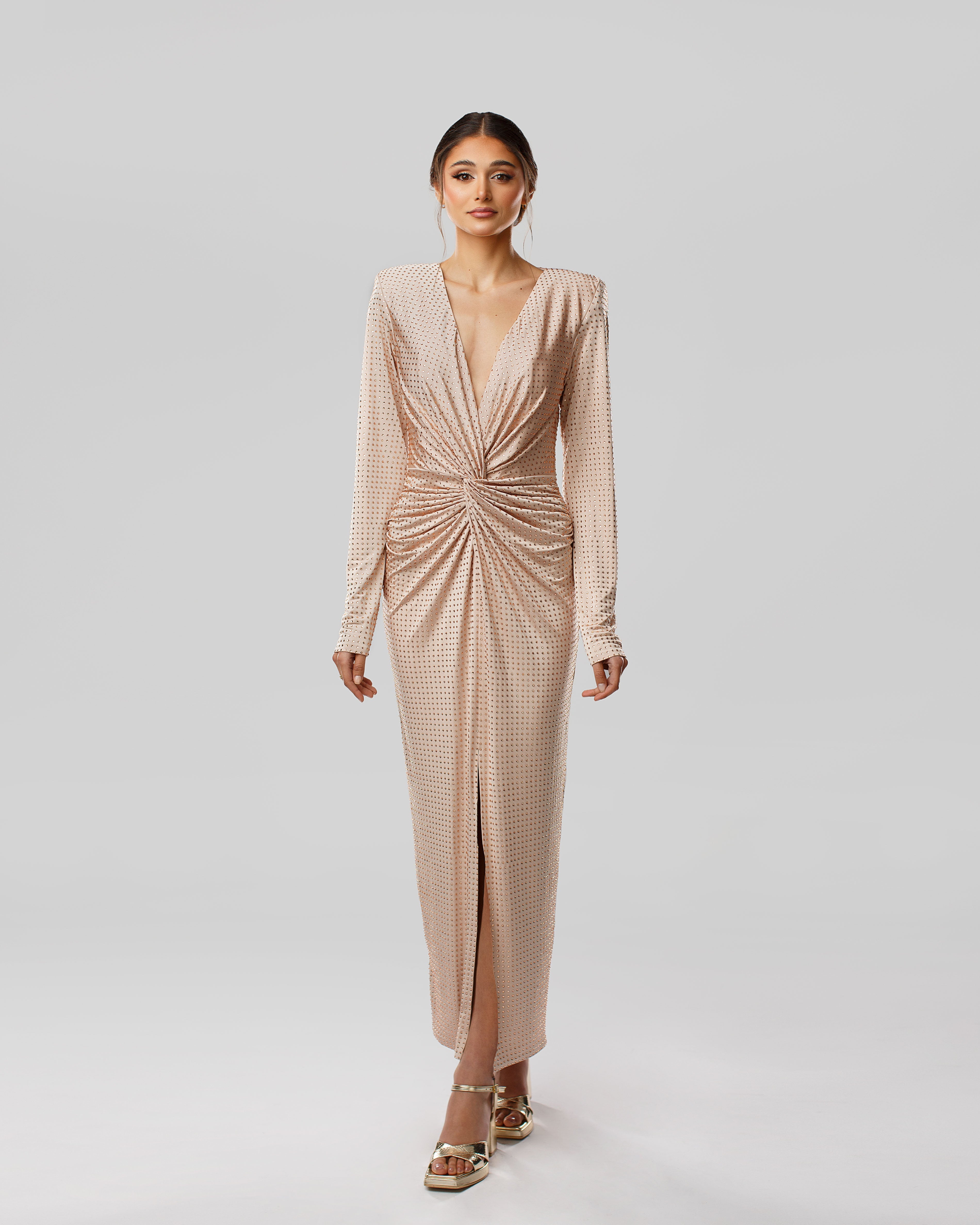 Long-Sleeve Plunging V-Neck Maxi Dress with Crystal Embellishments