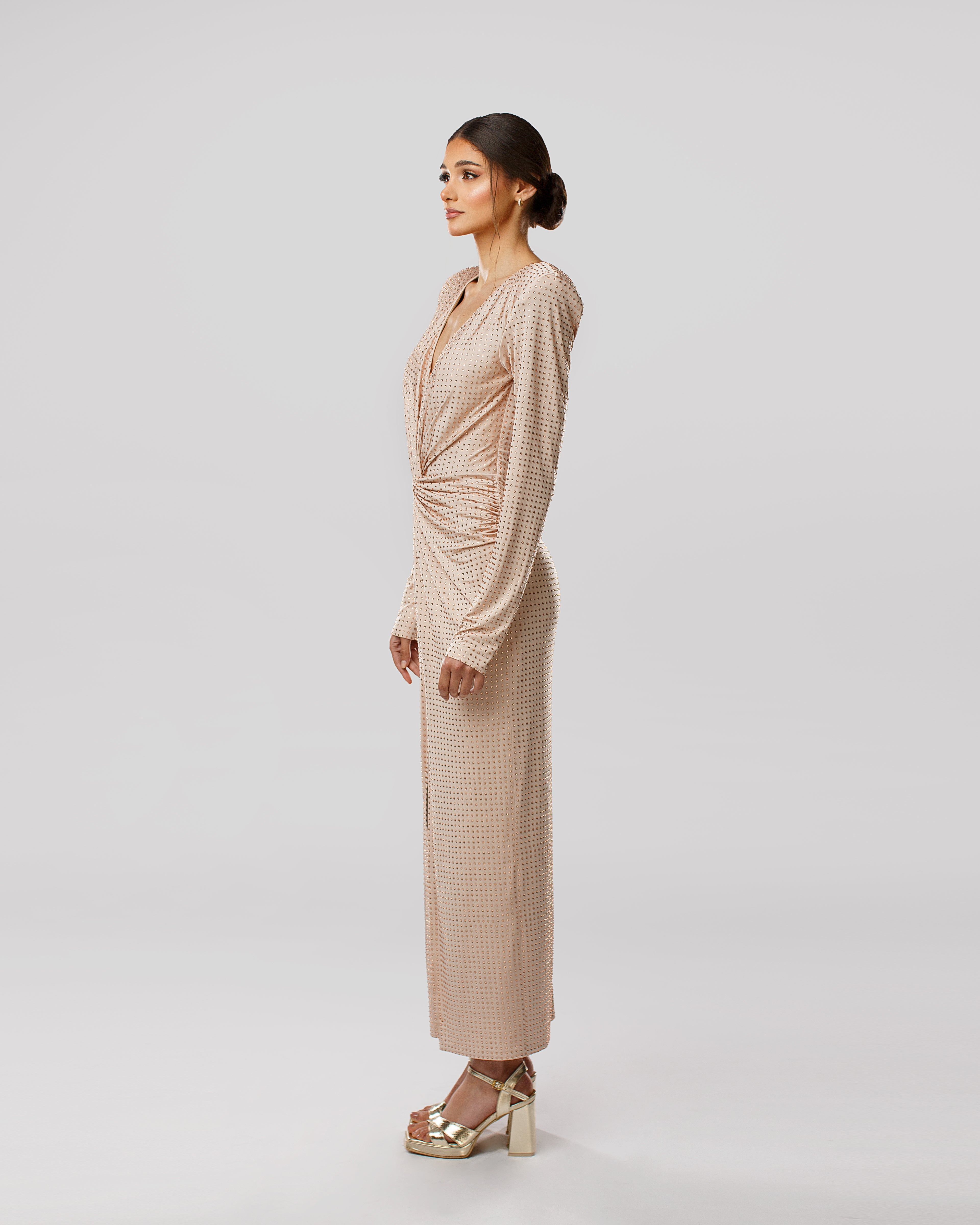 Long-Sleeve Plunging V-Neck Maxi Dress with Crystal Embellishments