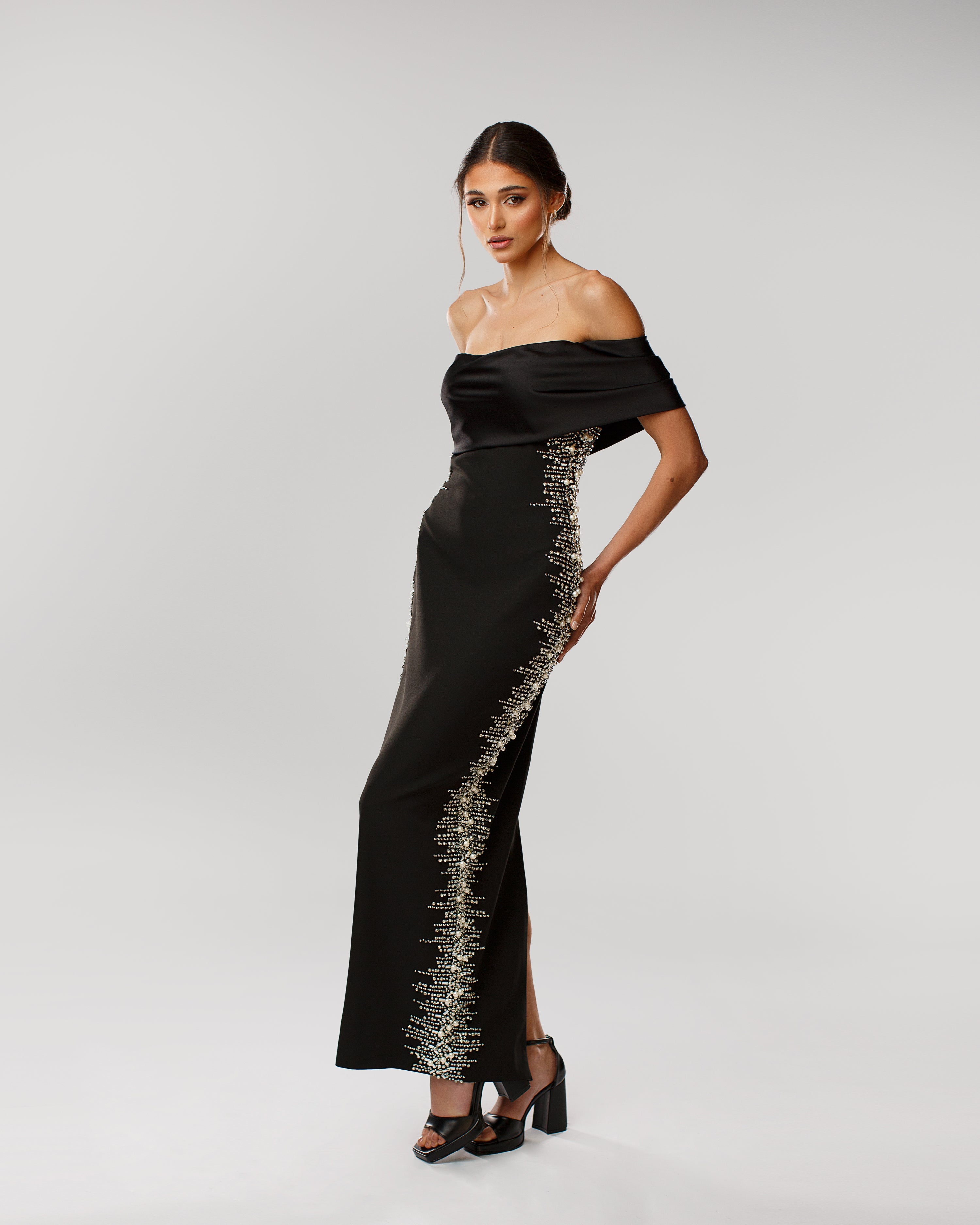 Off-Shoulder Maxi Dress with Crystal and Pearl Embellishments