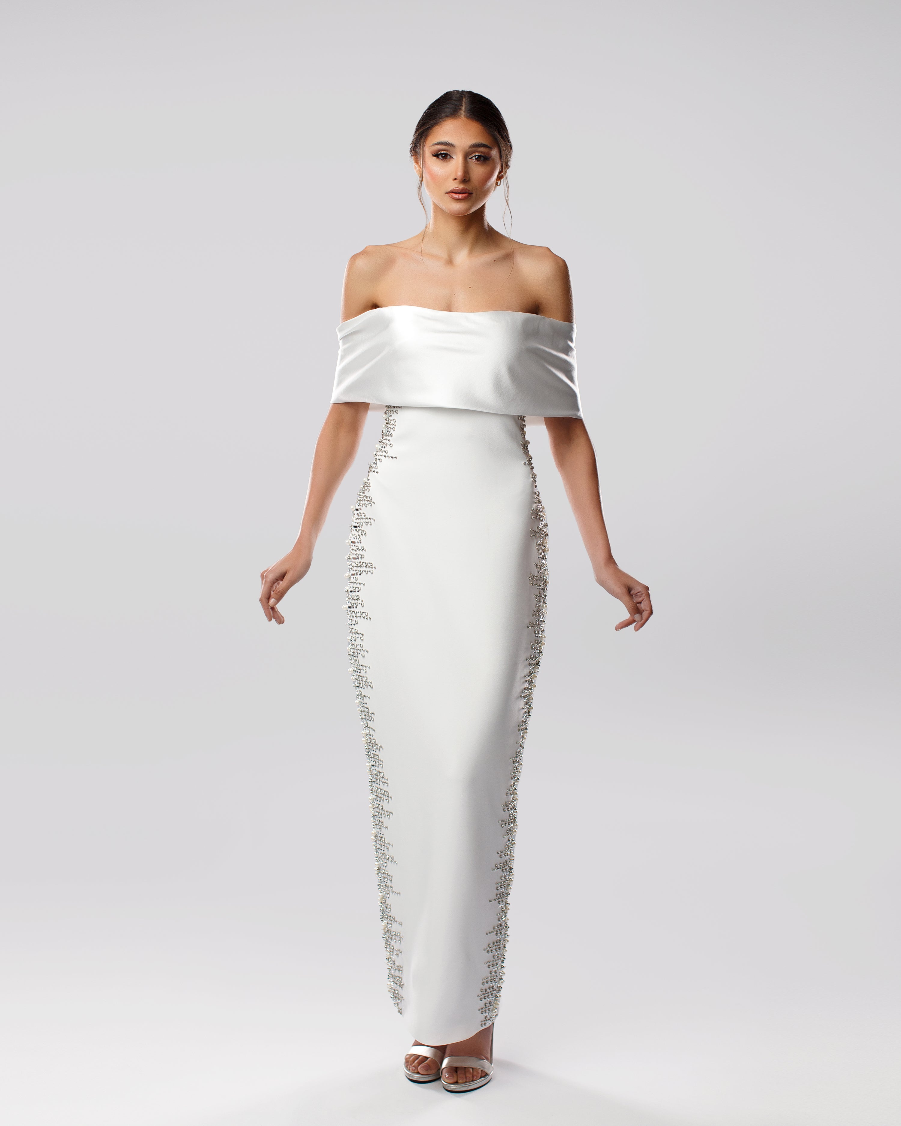 Off-shoulder maxi dress with crystal and pearl embellishments - Front view