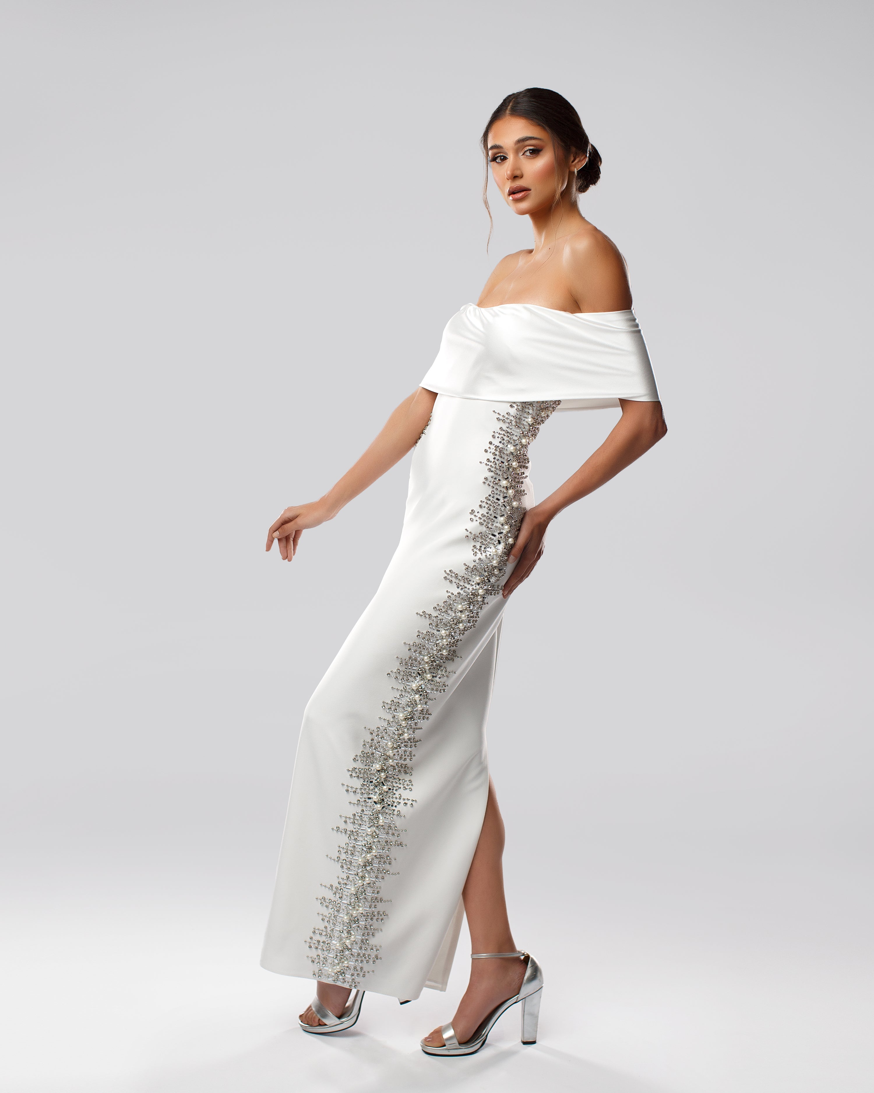 Off-shoulder maxi dress with crystal and pearl embellishments - Side view