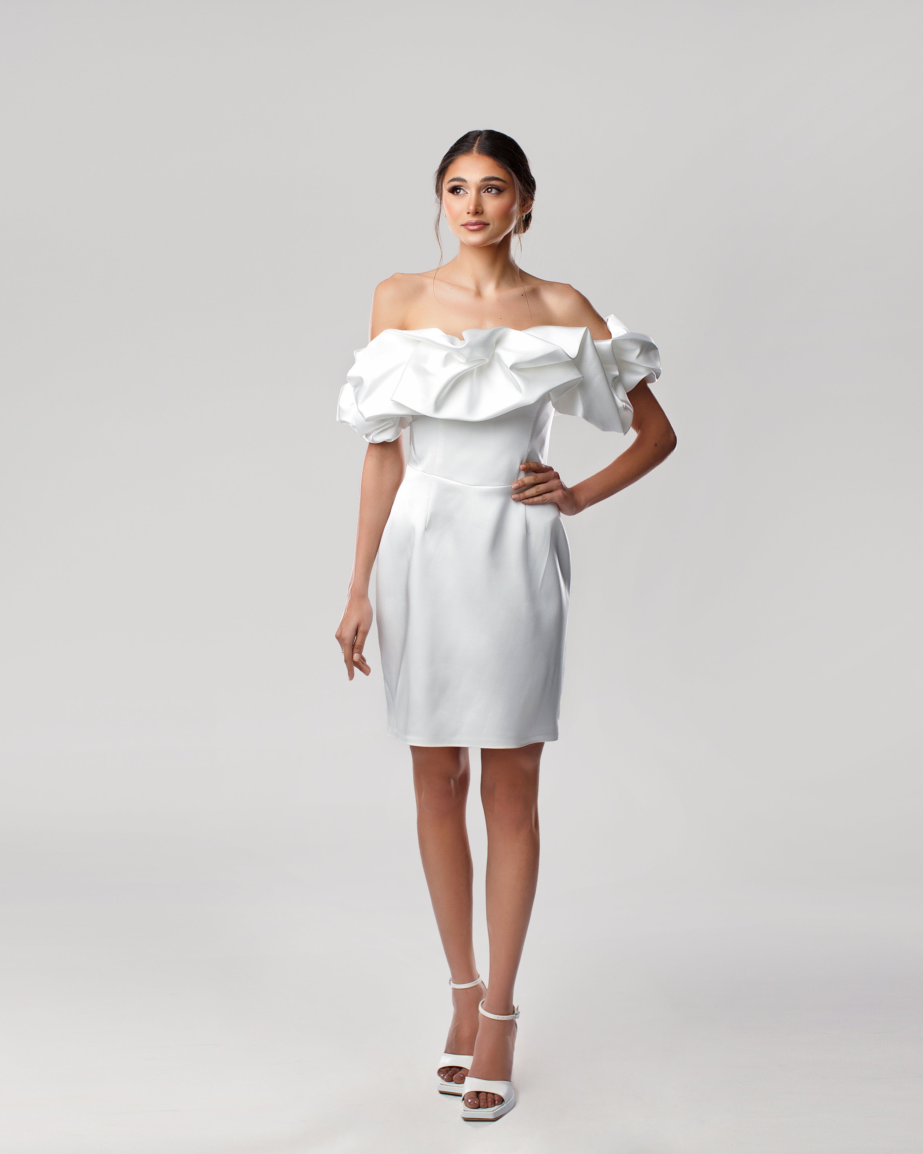 Off-Shoulder Satin Short Dress with Ruffled Neckline