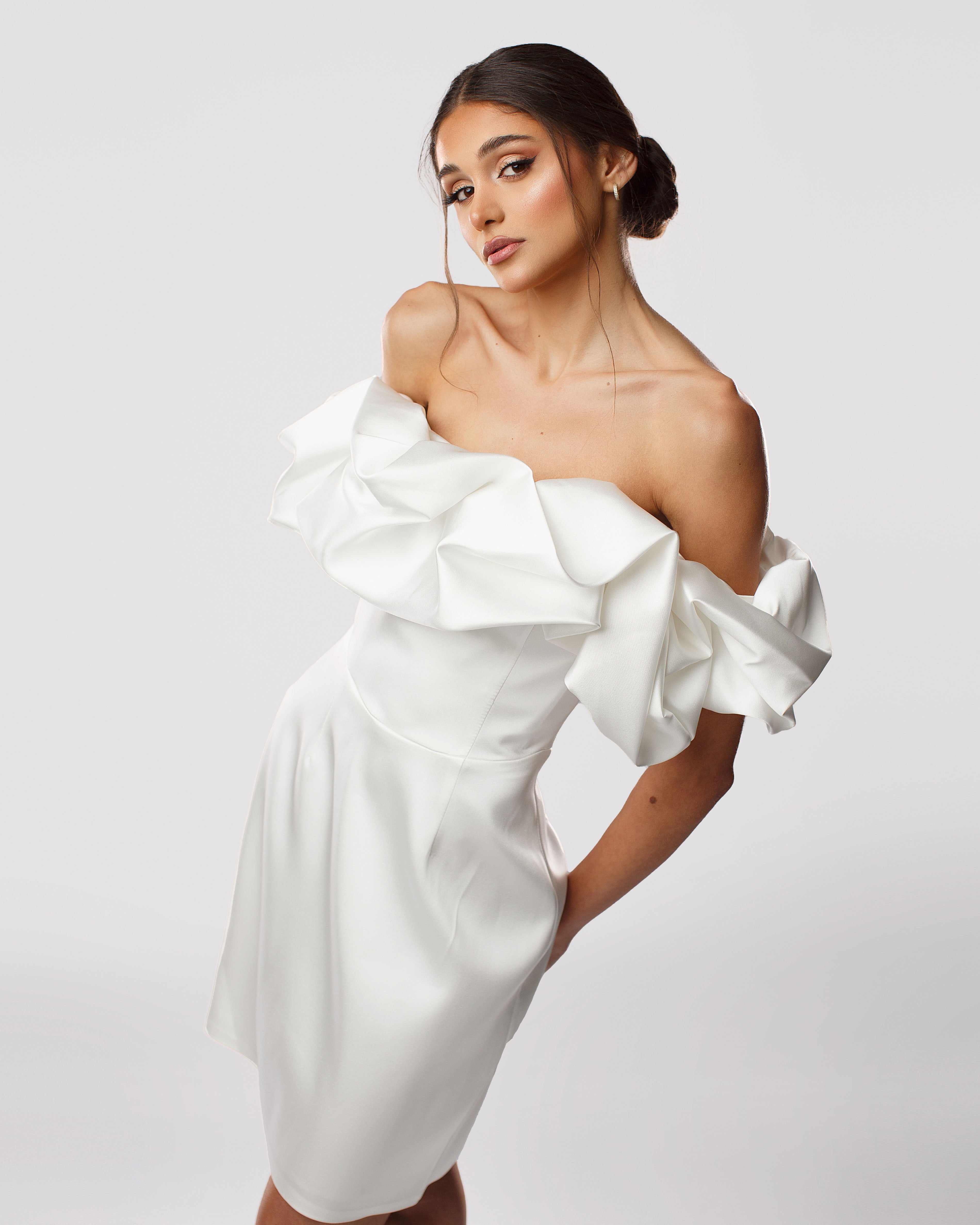 Off-Shoulder Satin Short Dress with Ruffled Neckline