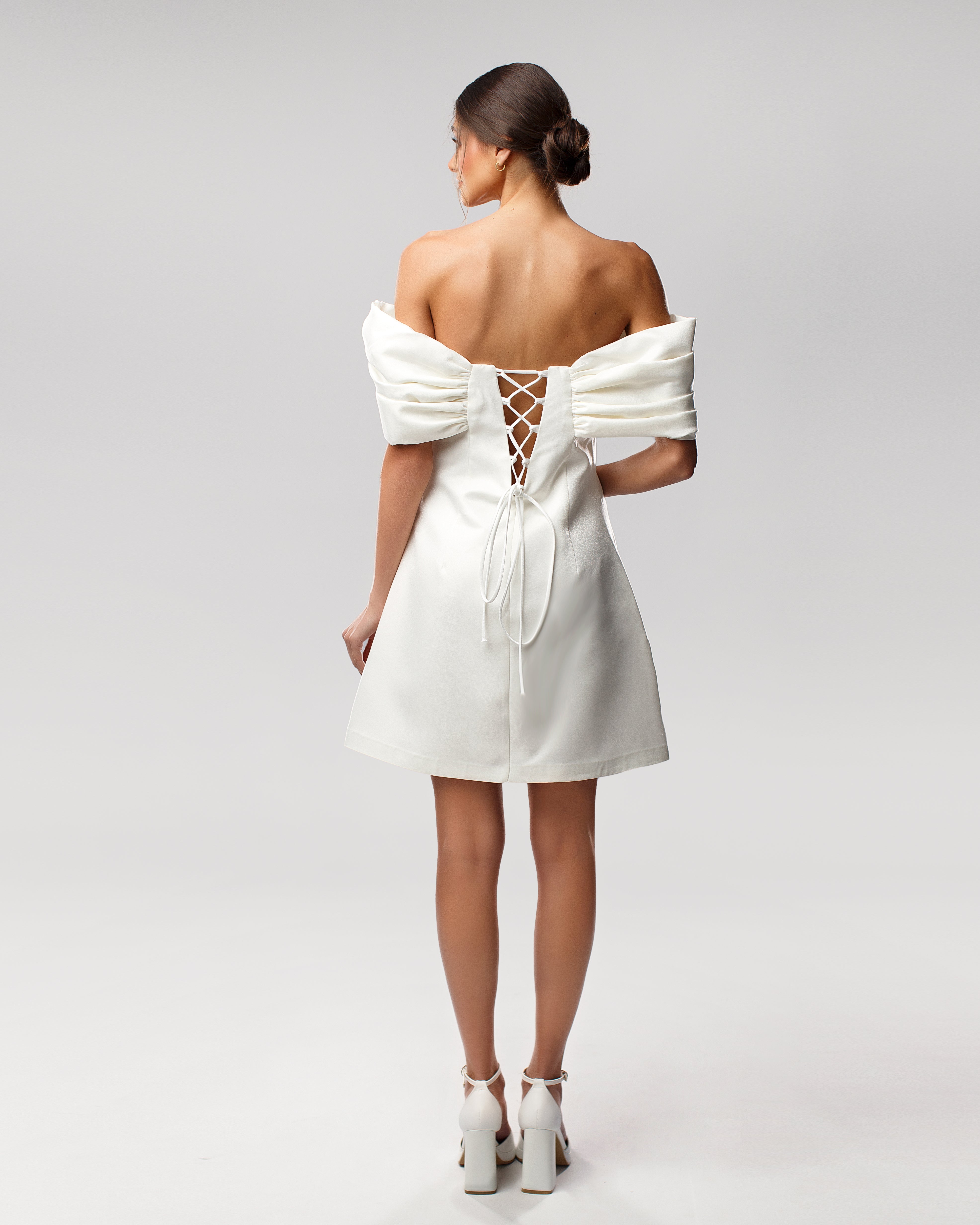 Off-Shoulder Short Dress with Draped Bow and Lace-Up Back