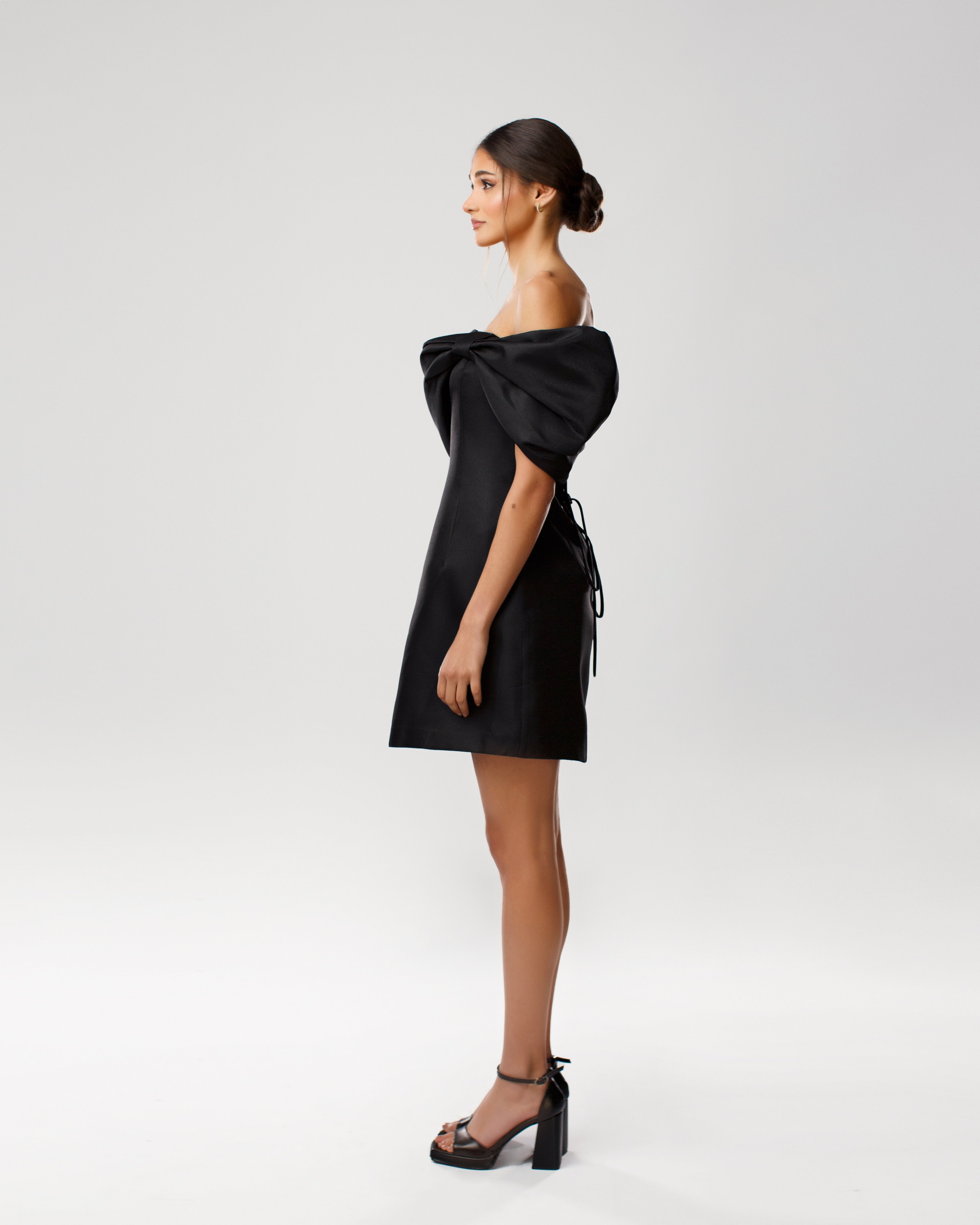 Off-Shoulder Short Dress with Draped Bow and Lace-Up Back