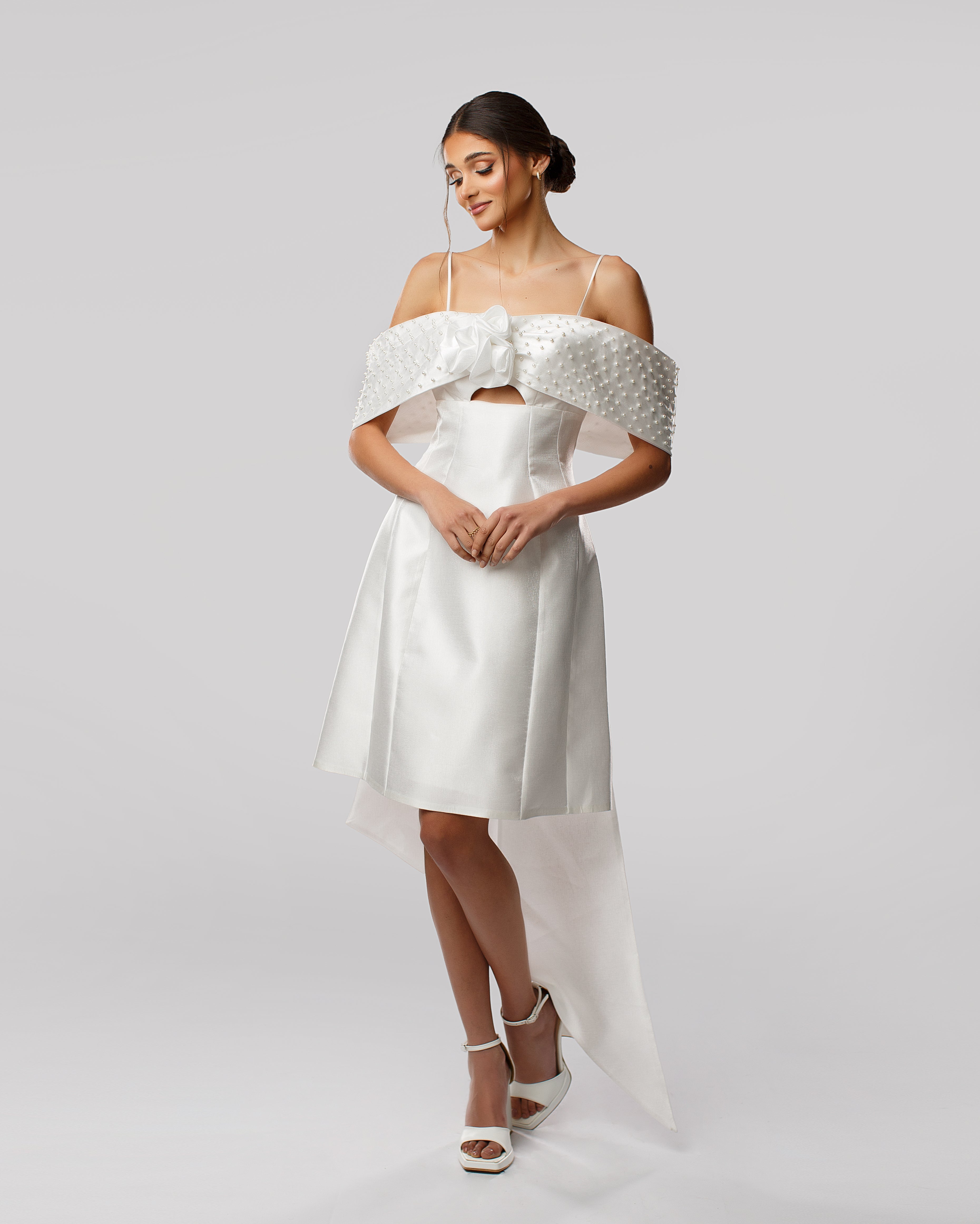 Off-Shoulder Short Dress with Pearl-Embellished Bow and Floral Appliqué