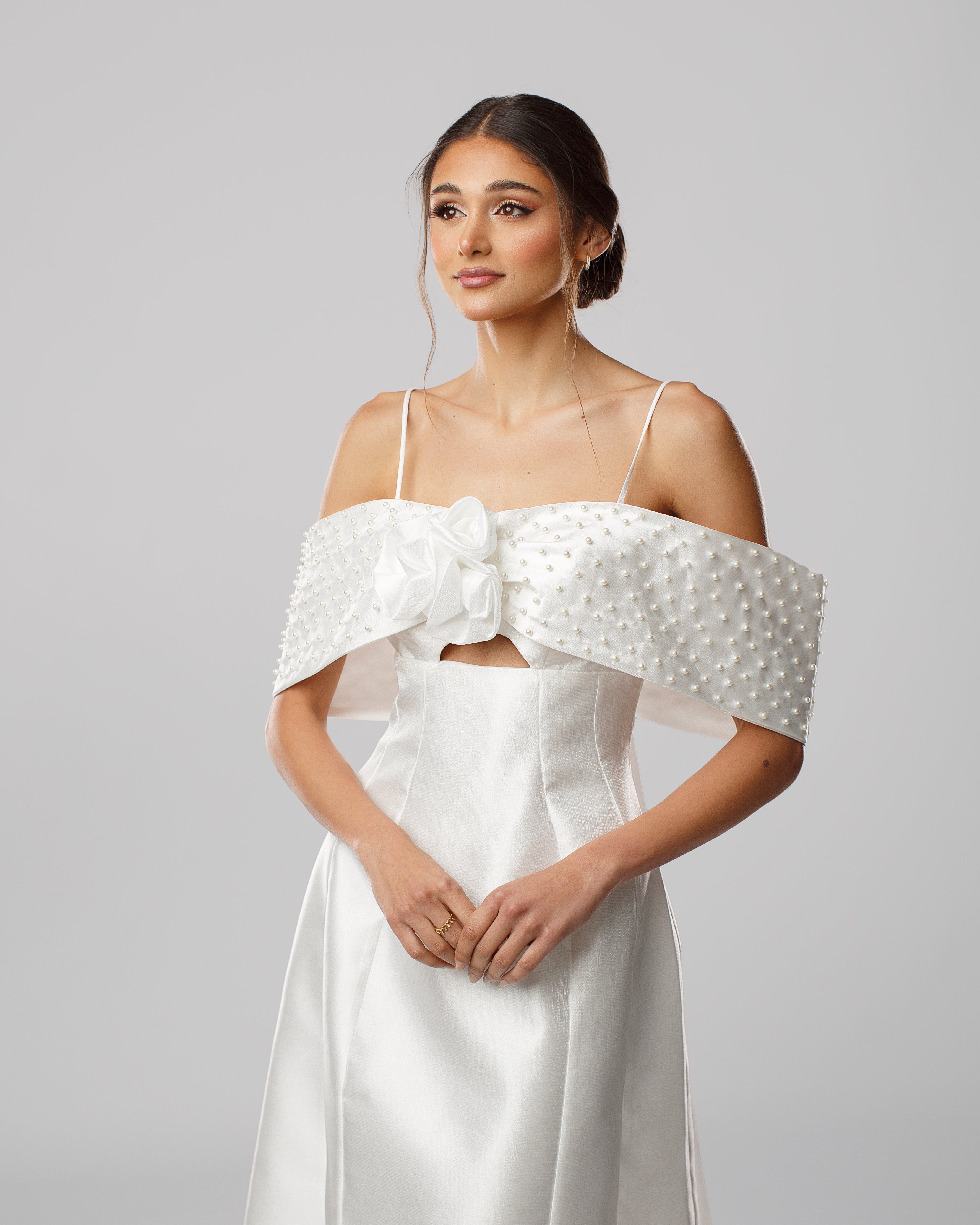 Off-Shoulder Short Dress with Pearl-Embellished Bow and Floral Appliqué