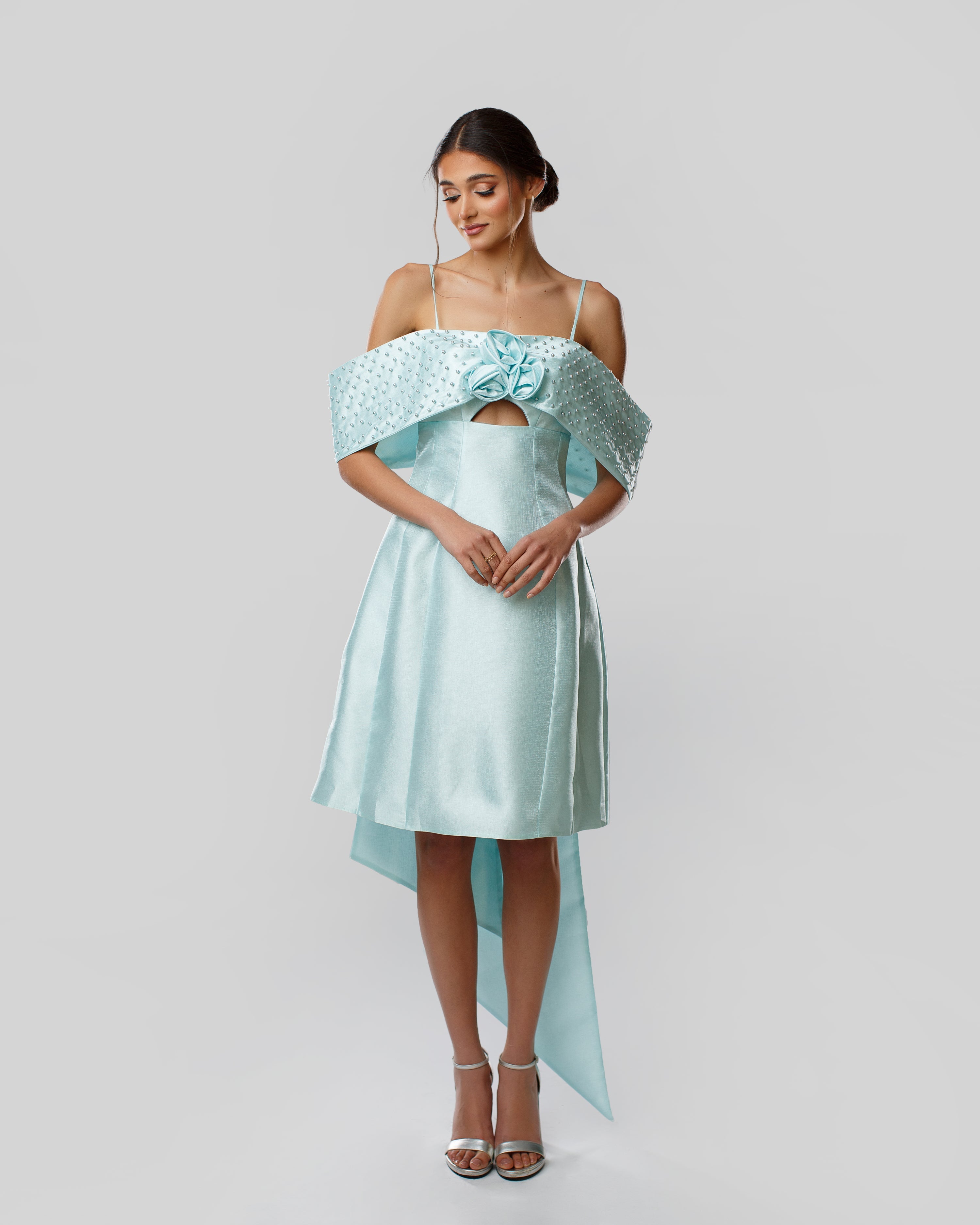 Off-Shoulder Short Dress with Pearl-Embellished Bow and Floral-Appliqué