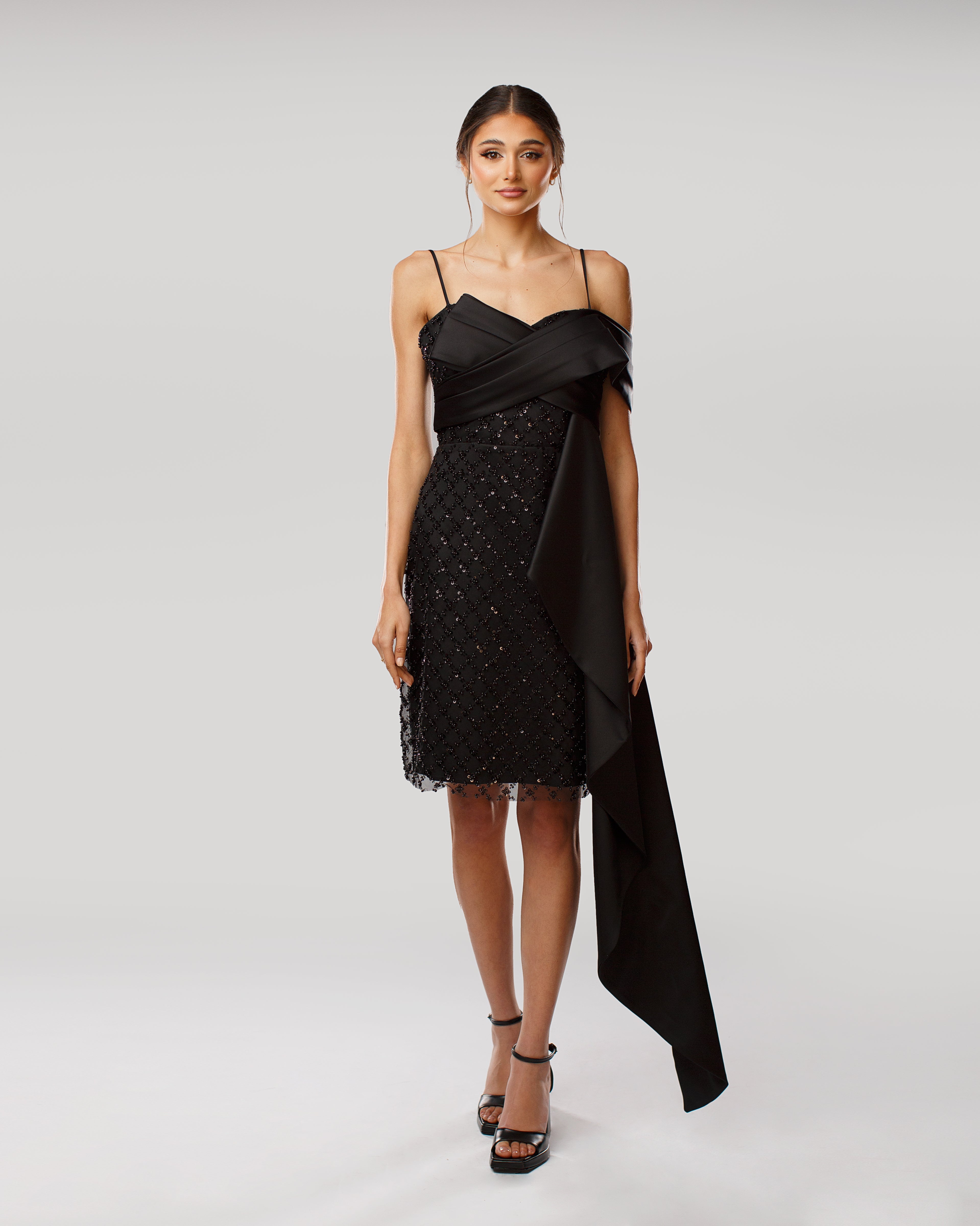 One-Shoulder Embroidered Tulle Dress with Satin Drape