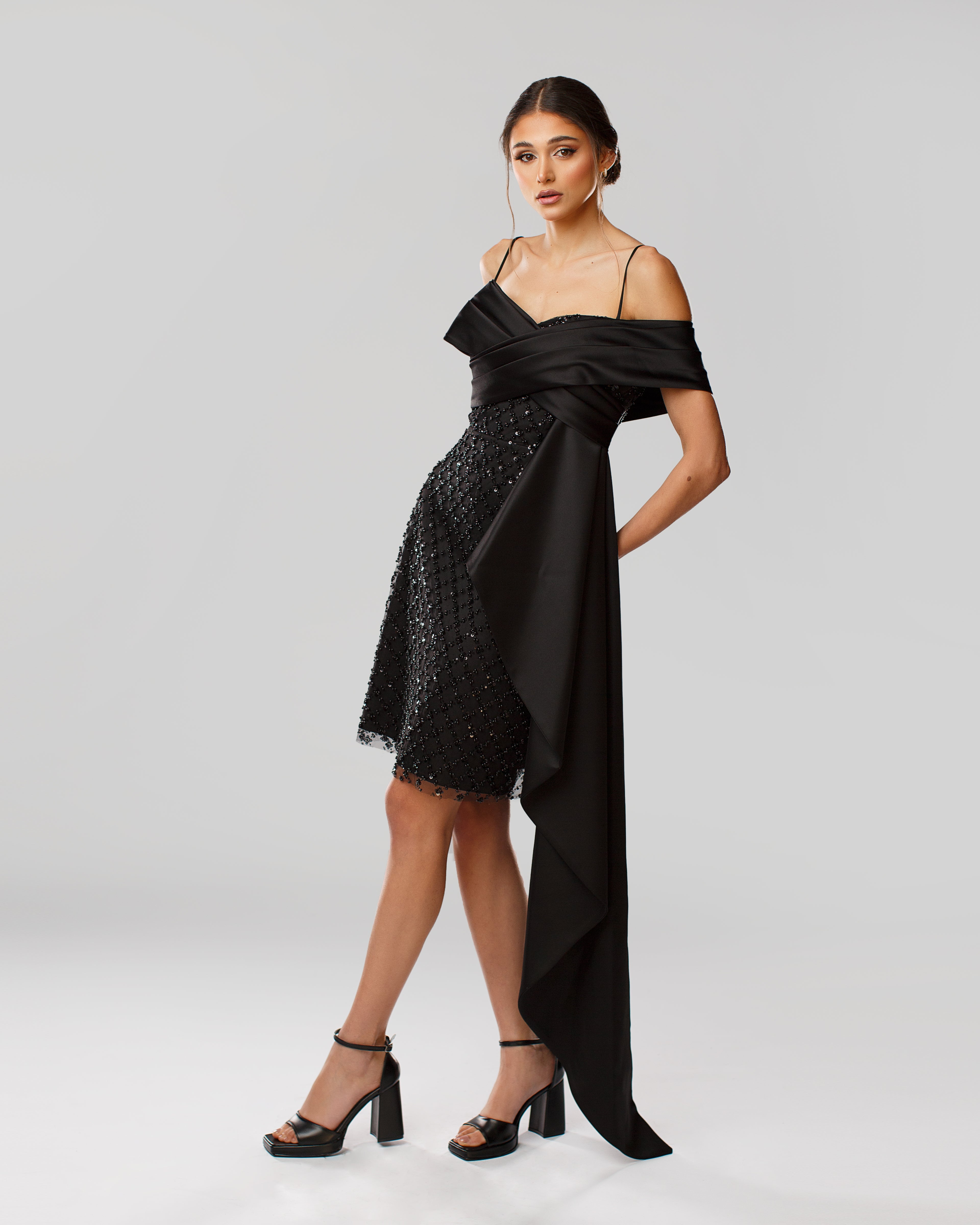 One-Shoulder Embroidered Tulle Dress with Satin Drape