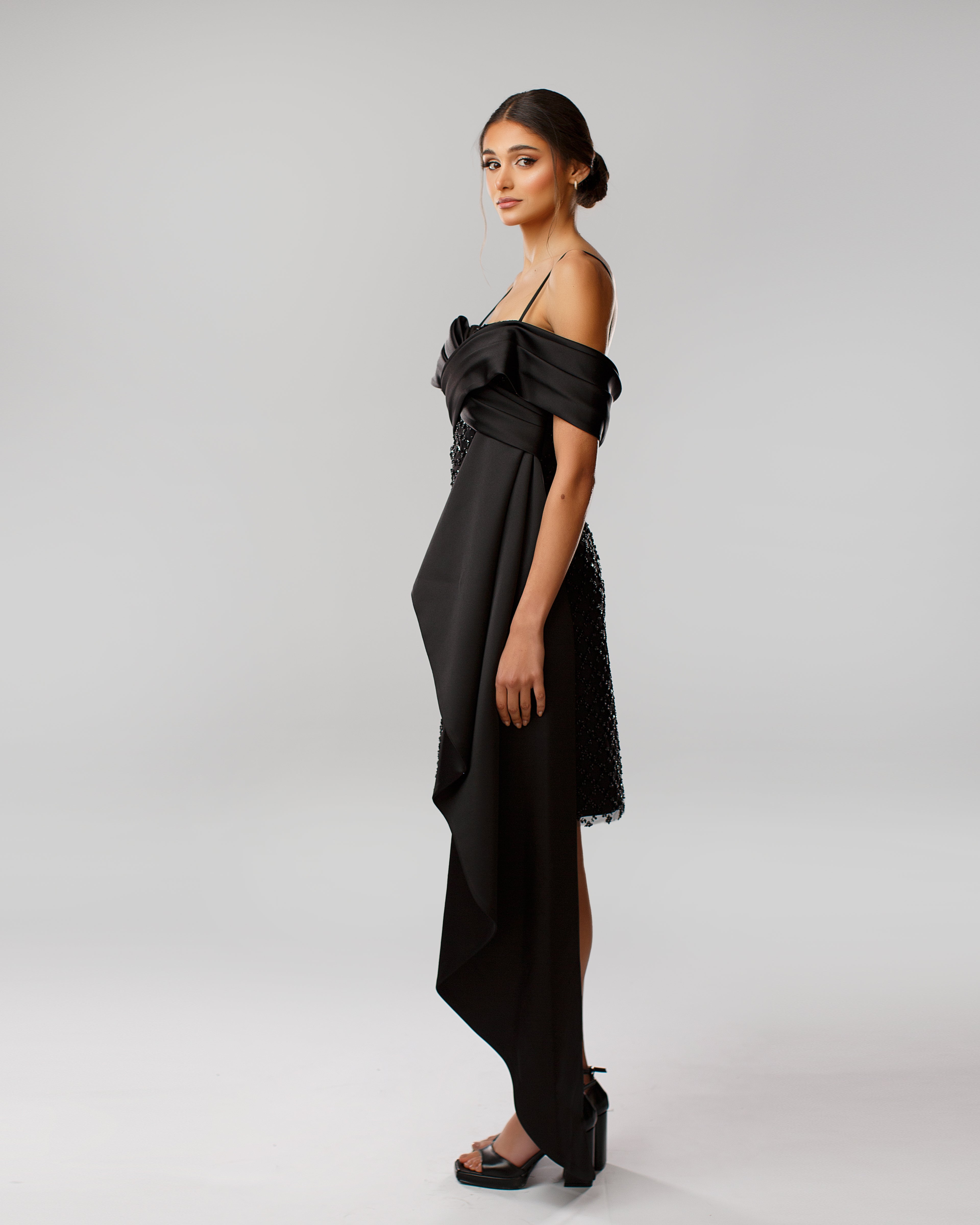 One-Shoulder Embroidered Tulle Dress with Satin Drape