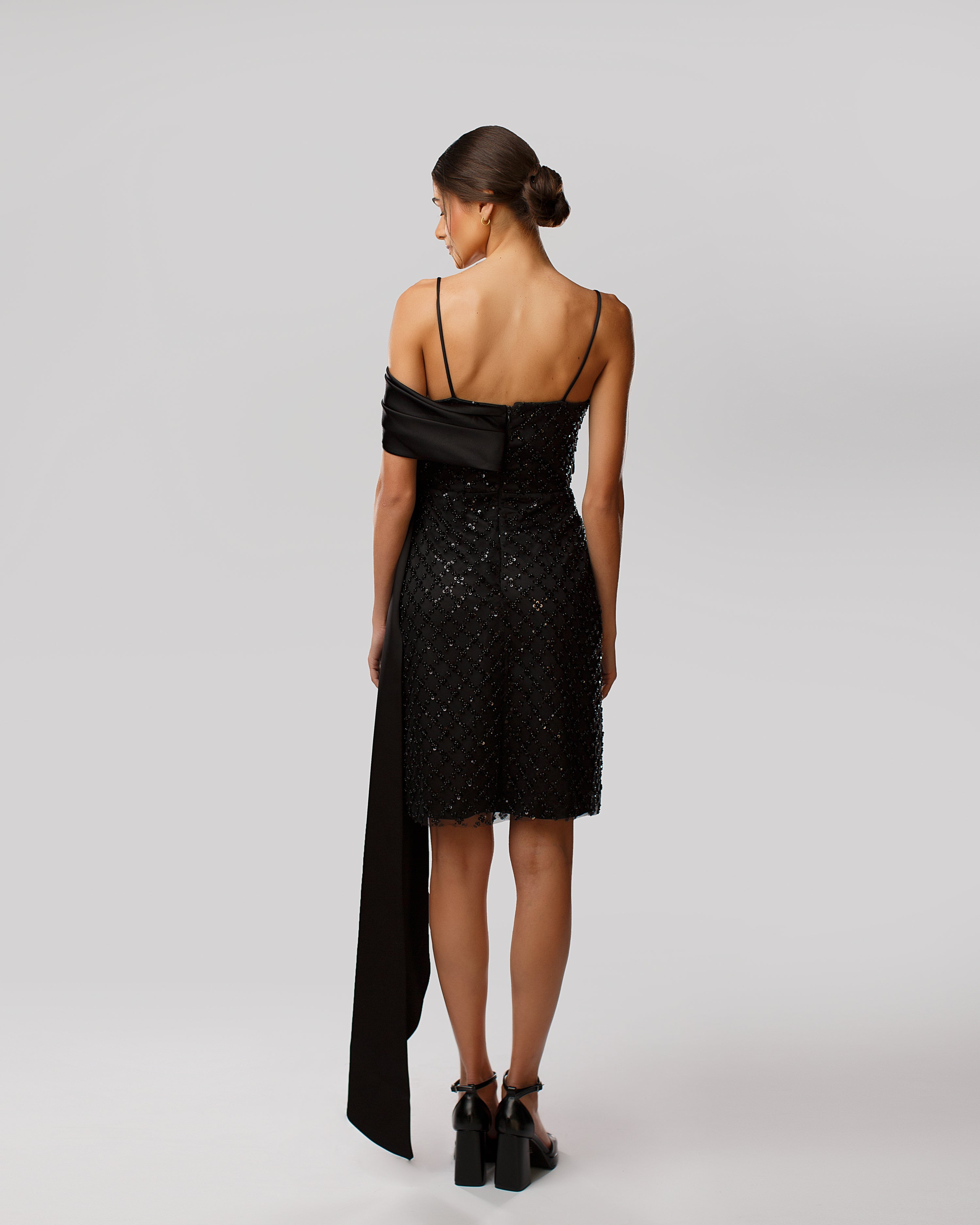 One-Shoulder Embroidered Tulle Dress with Satin Drape