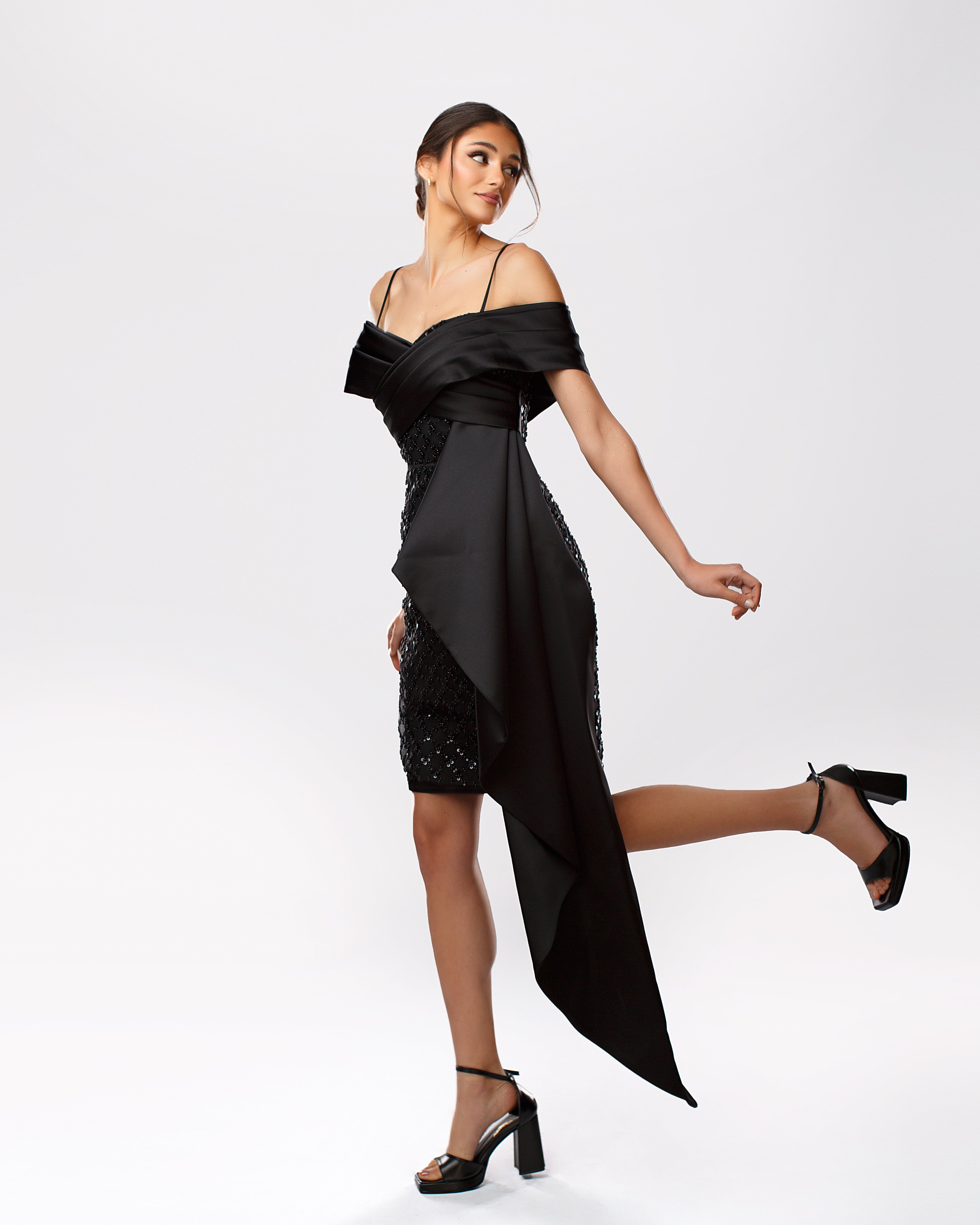 One-Shoulder Embroidered Tulle Dress with Satin Drape