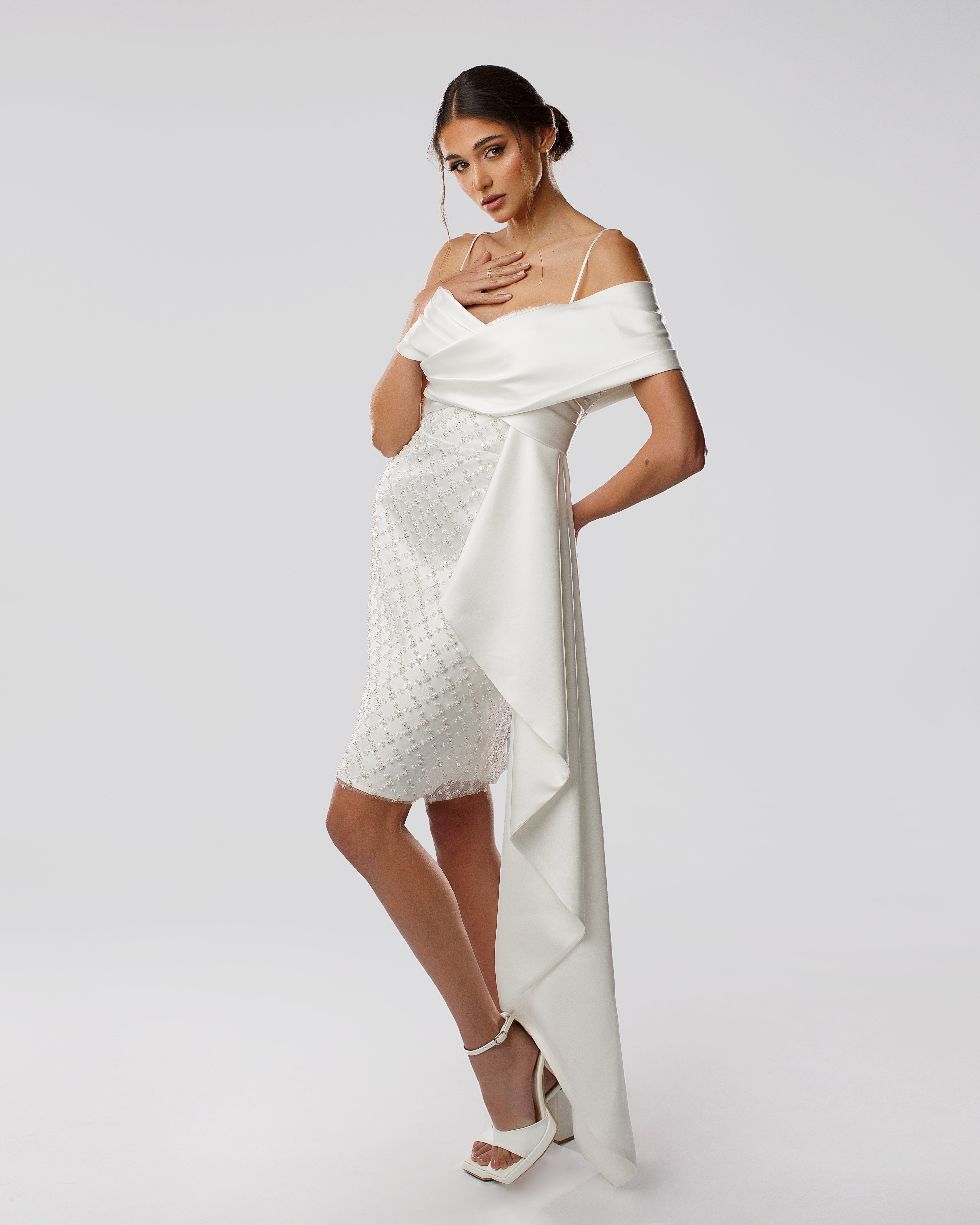 One-Shoulder Embroidered Tulle Dress with Satin Drape