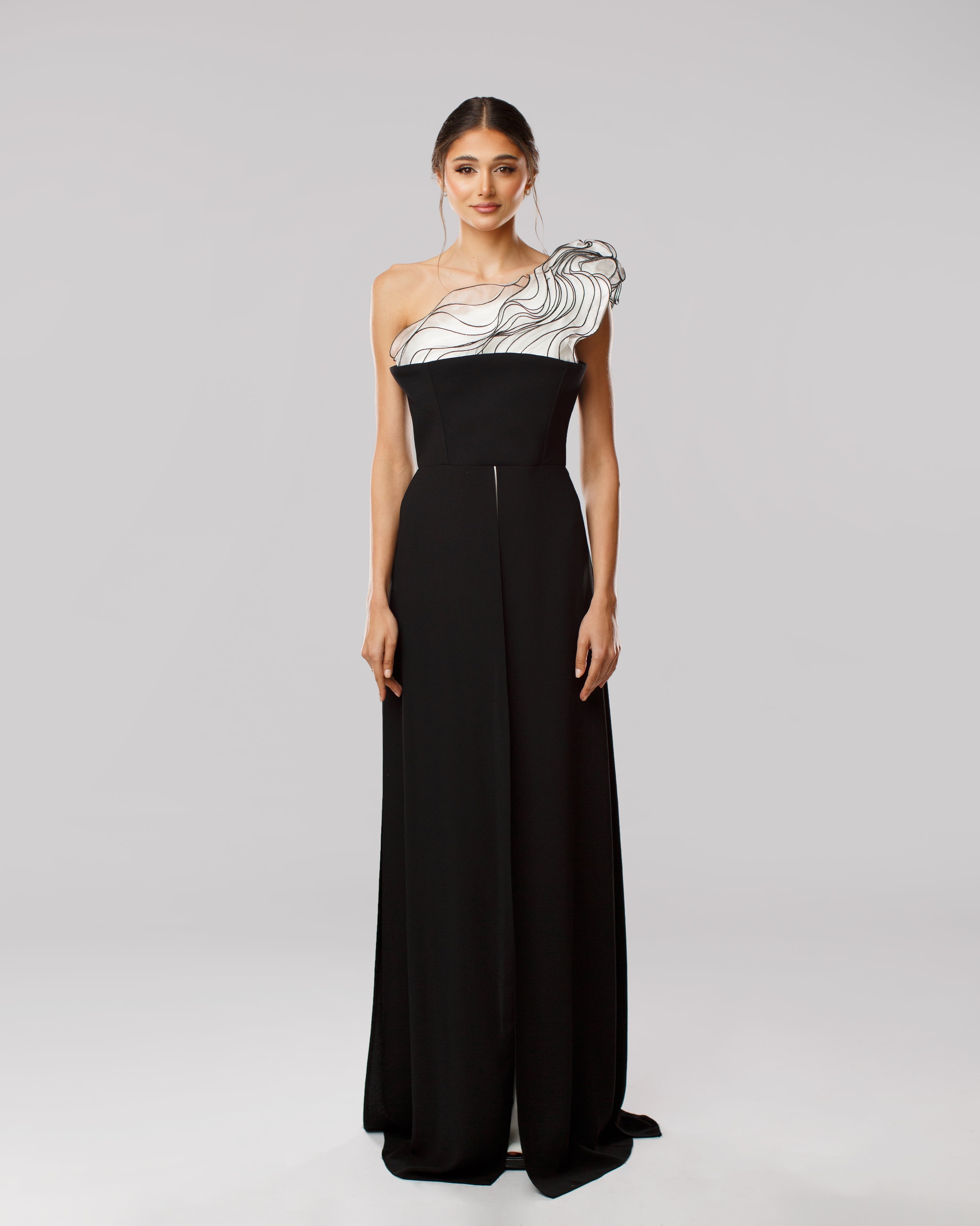 One-Shoulder Jumpsuit with Ruffled Bodice and Corset Detail