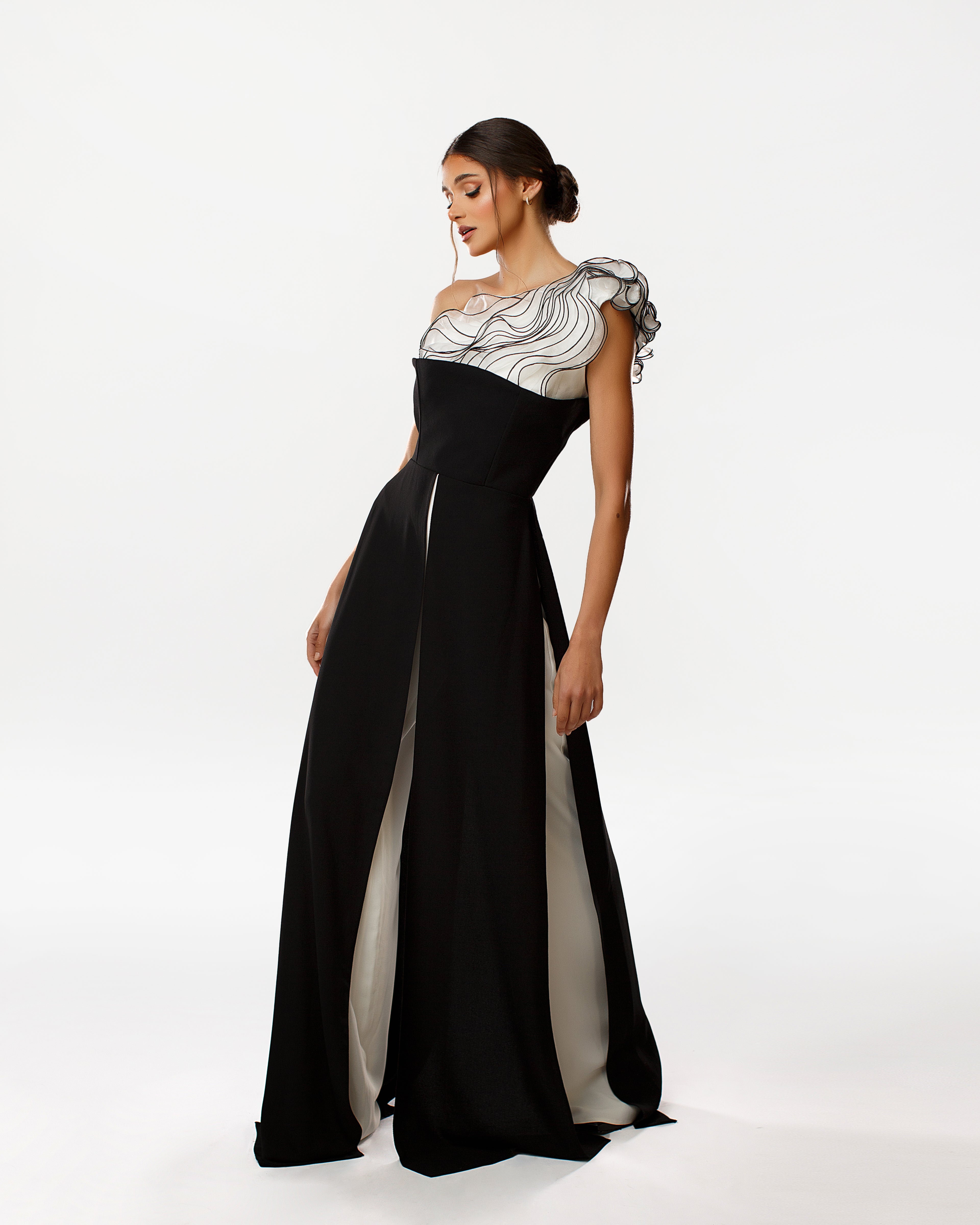 One-Shoulder Jumpsuit with Ruffled Bodice and Corset Detail