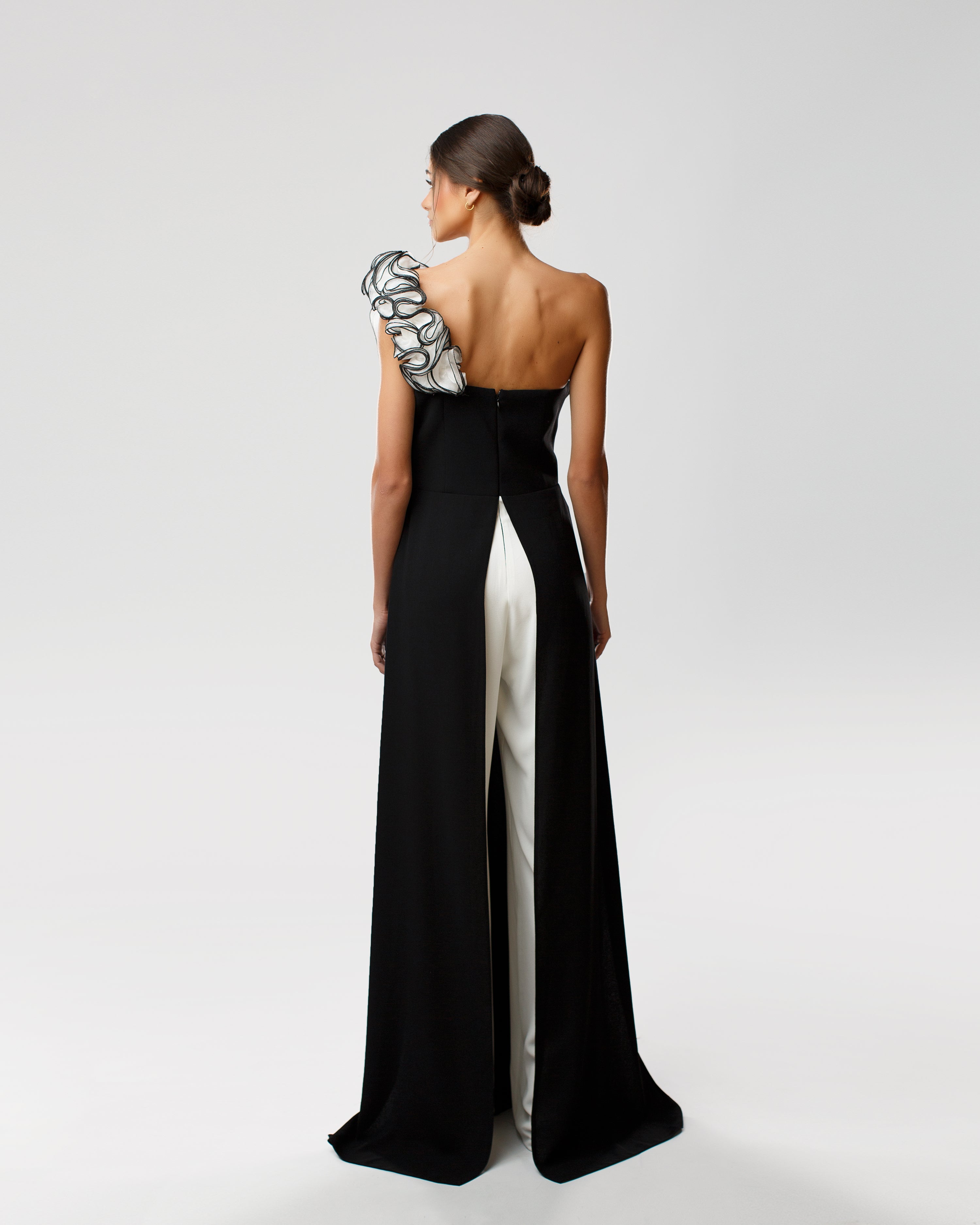 One-Shoulder Jumpsuit with Ruffled Bodice and Corset Detail