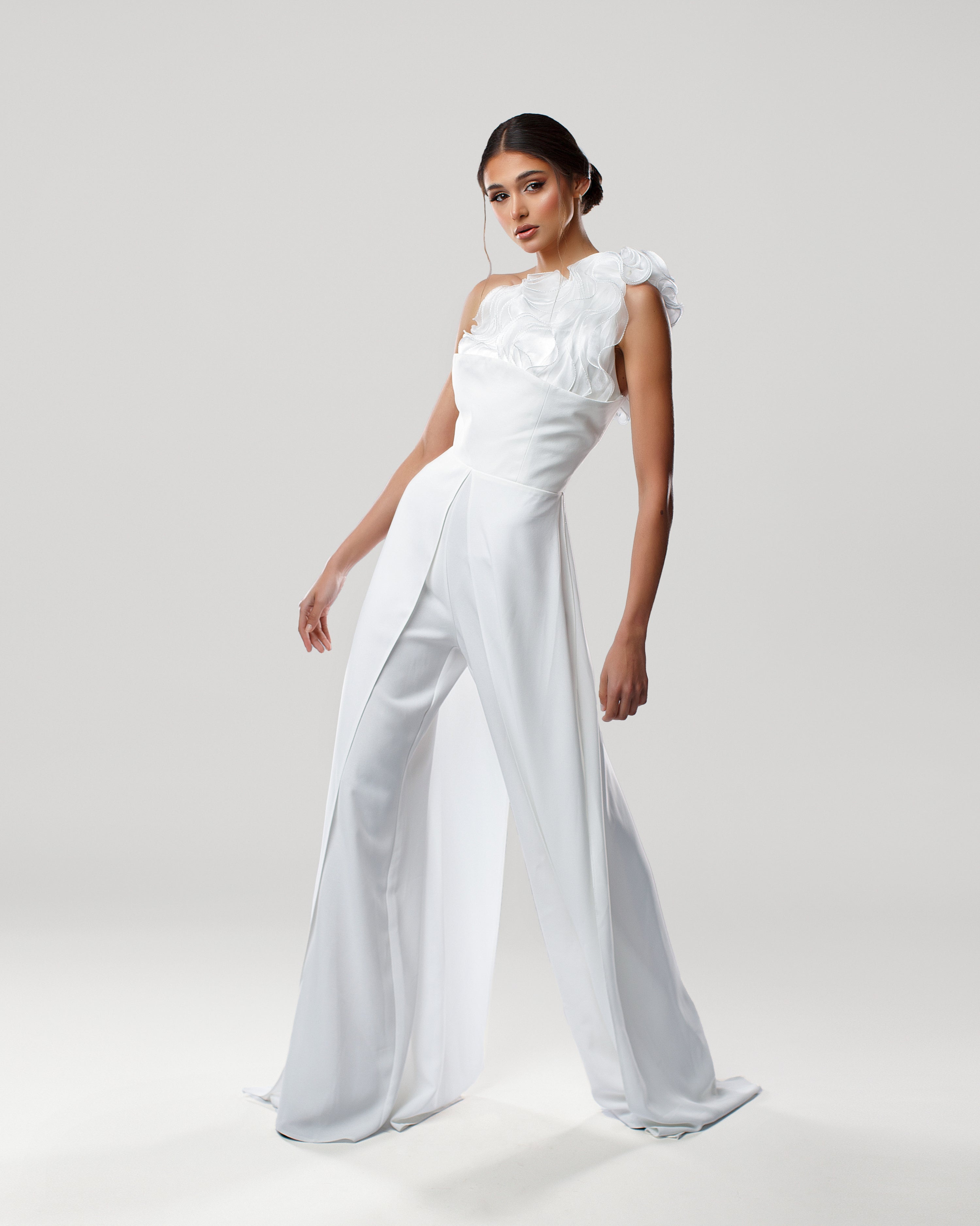 One-Shoulder Jumpsuit with Ruffled Bodice and Corset Detail