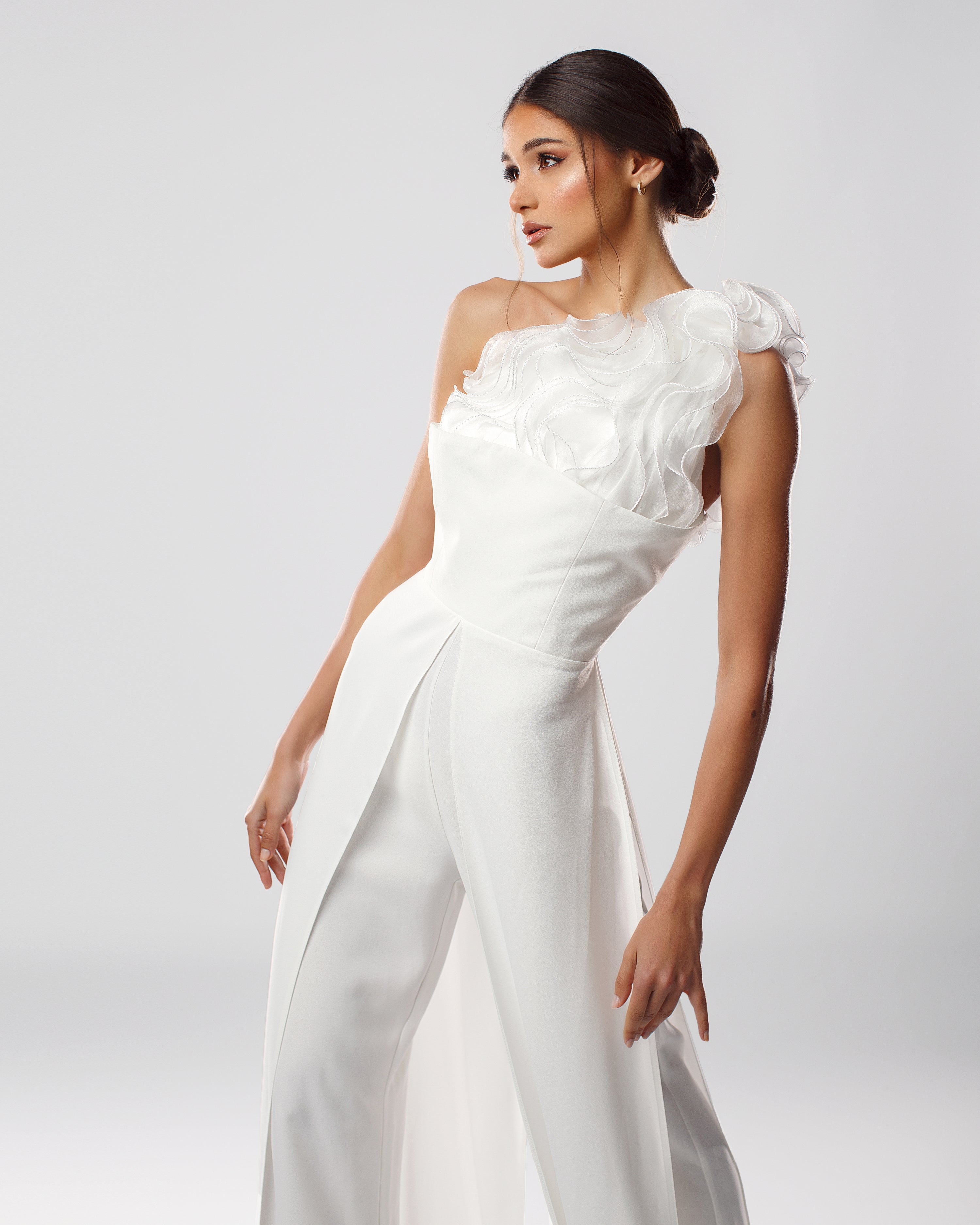 One-Shoulder Jumpsuit with Ruffled Bodice and Corset Detail