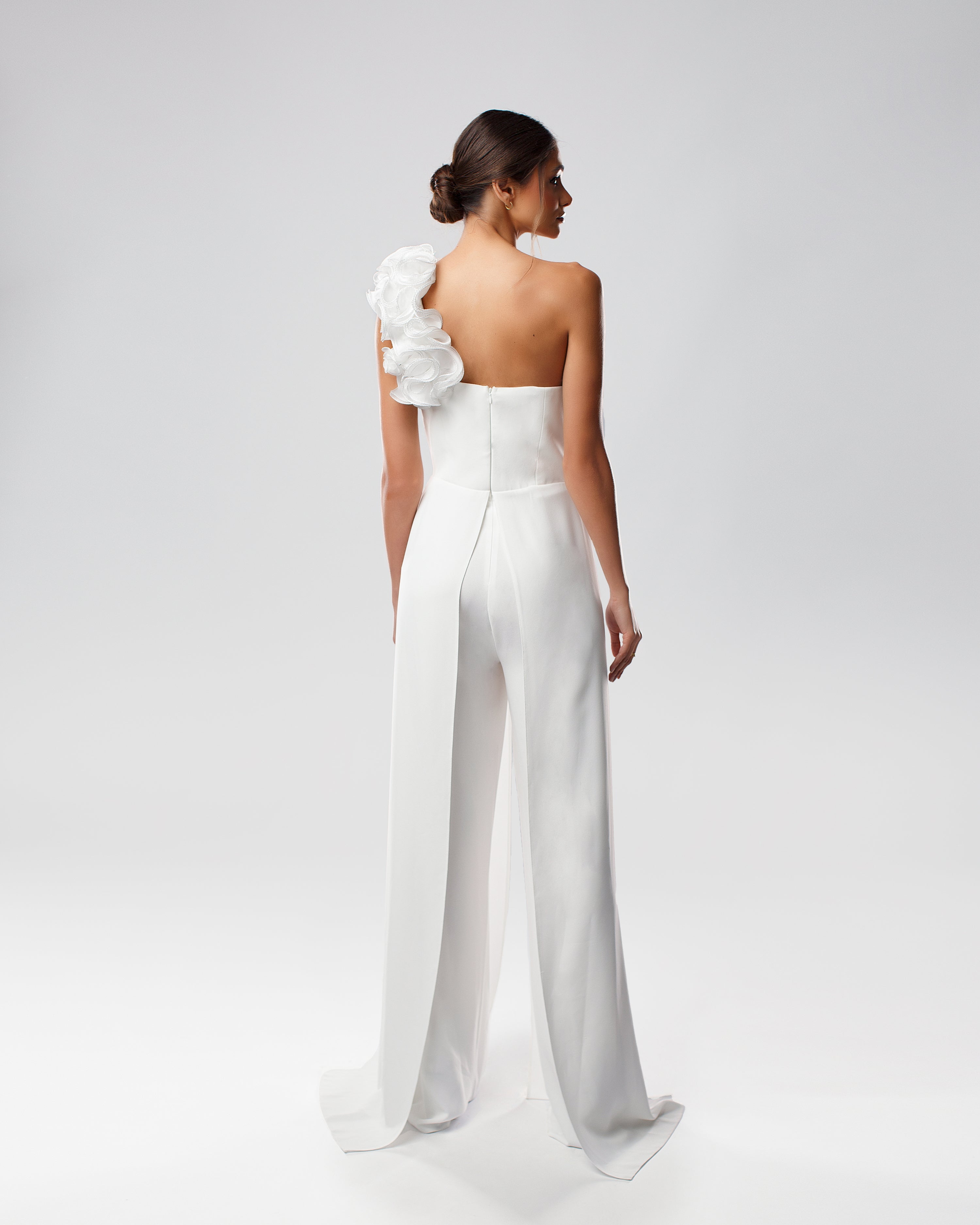 One-Shoulder Jumpsuit with Ruffled Bodice and Corset Detail