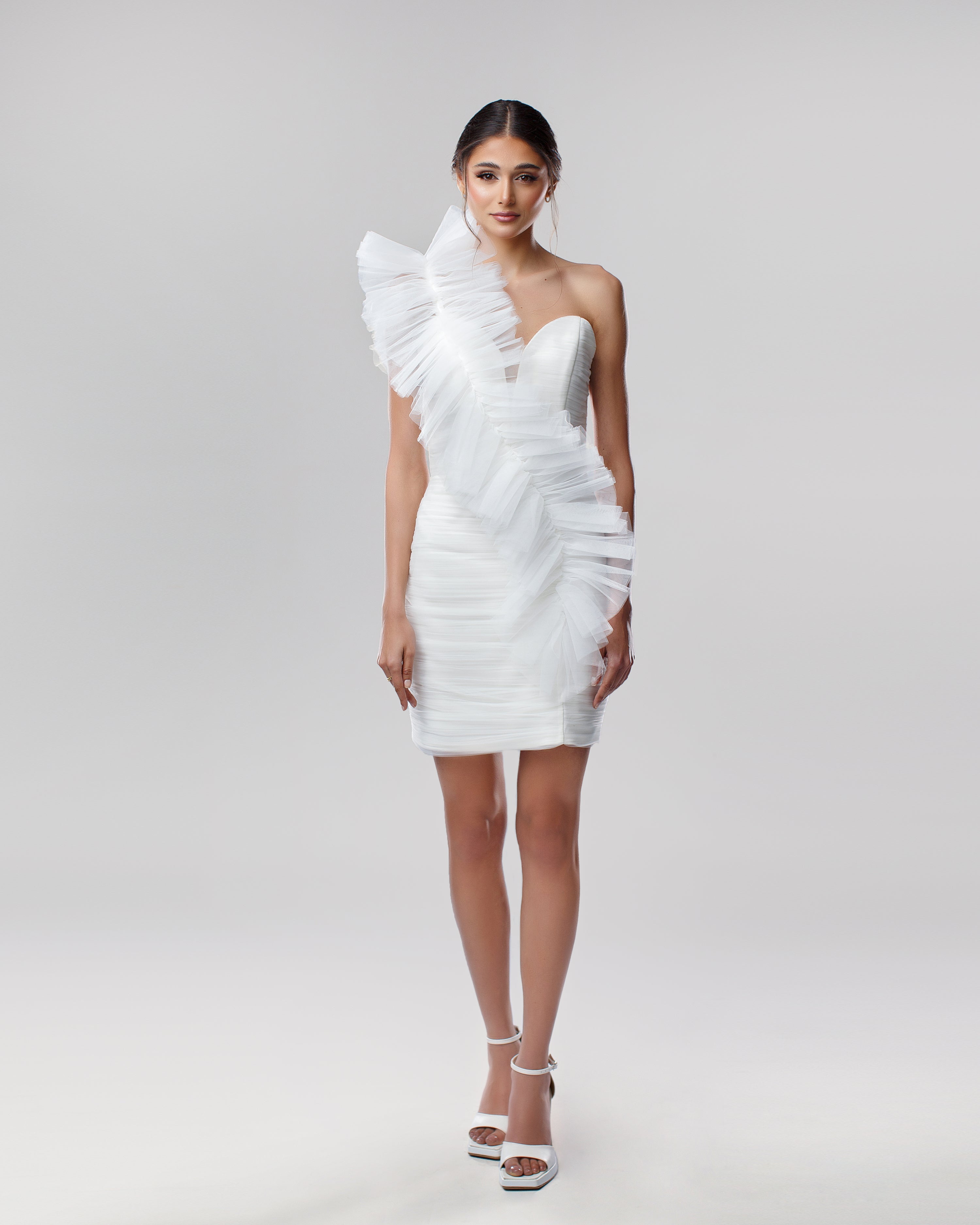 One-Shoulder White Tulle Short Dress with Ruffle Detail