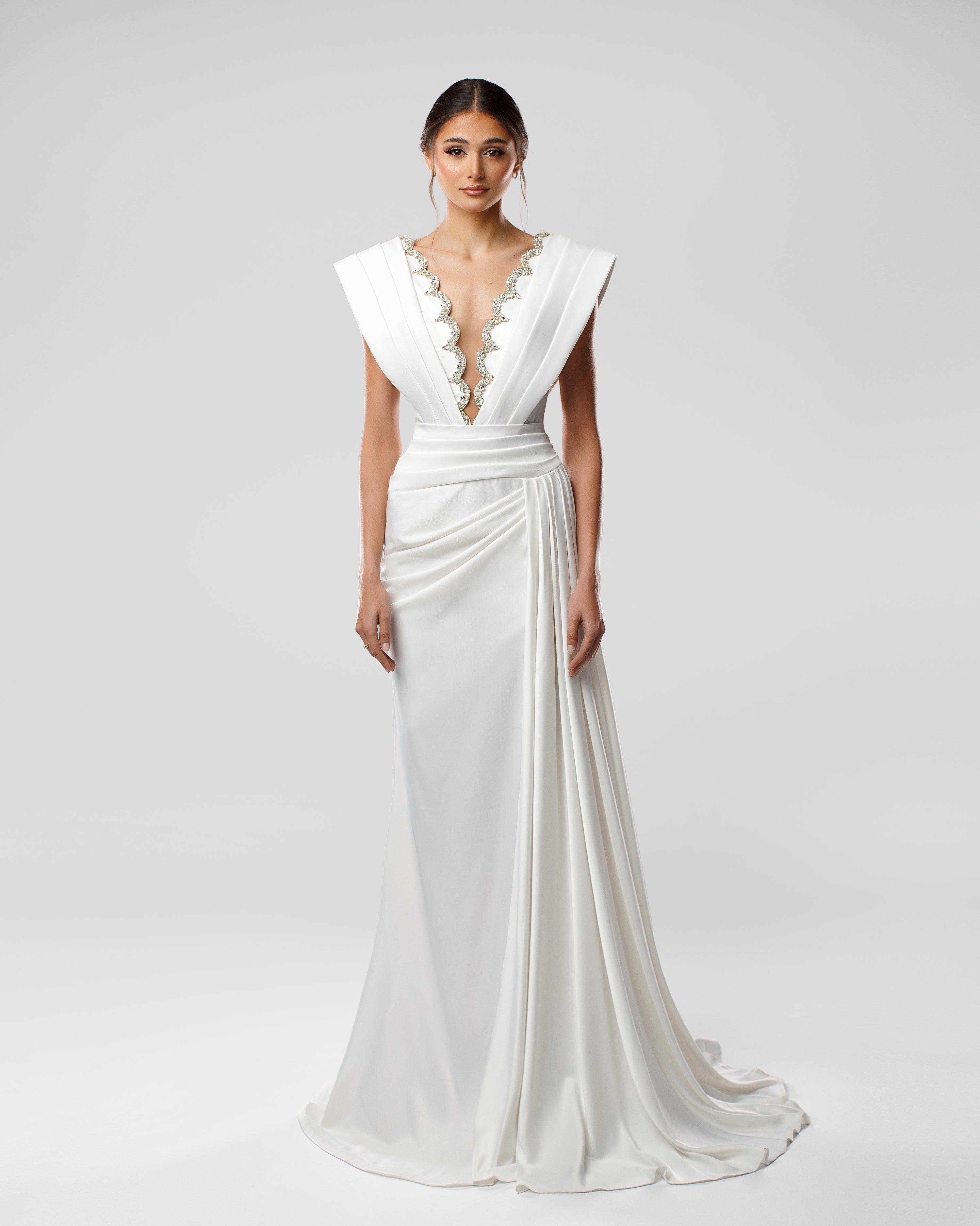 Plunging V-Neck Bridal Long Dress with Embellished Trim