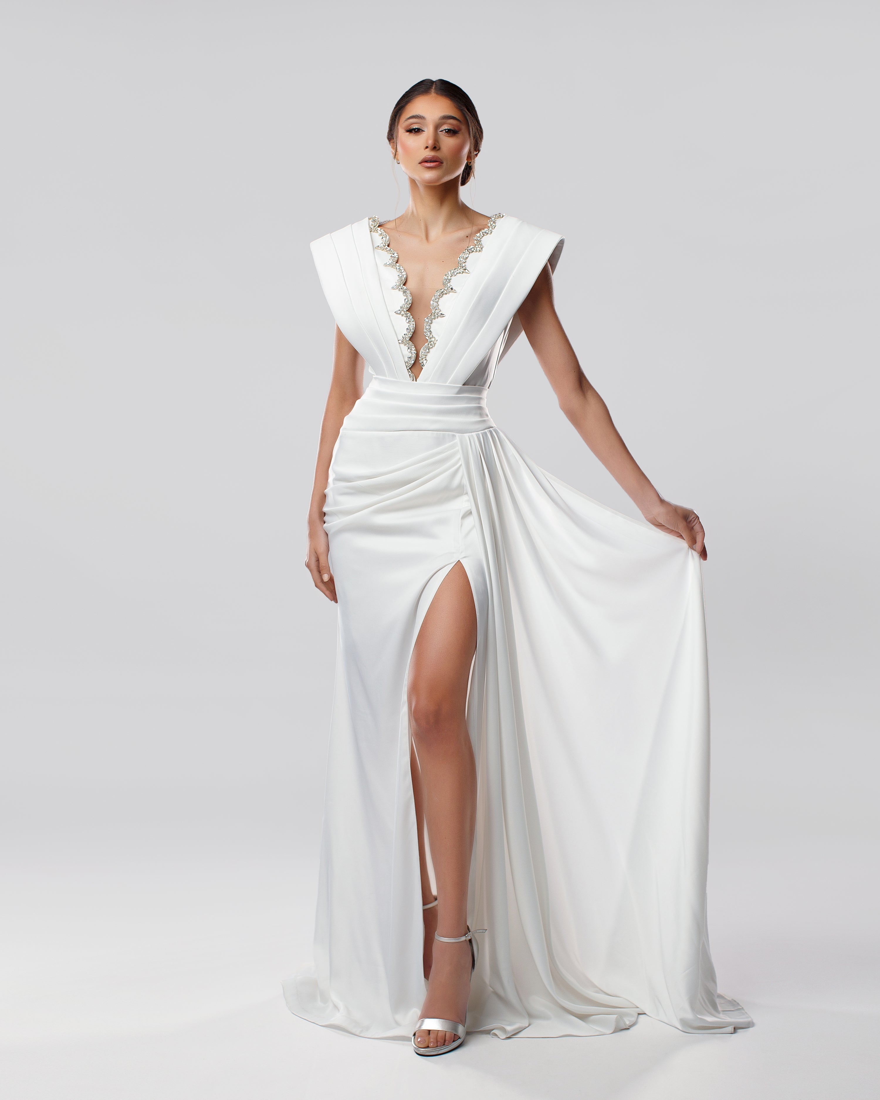 Plunging V-Neck Bridal Long Dress with Embellished Trim