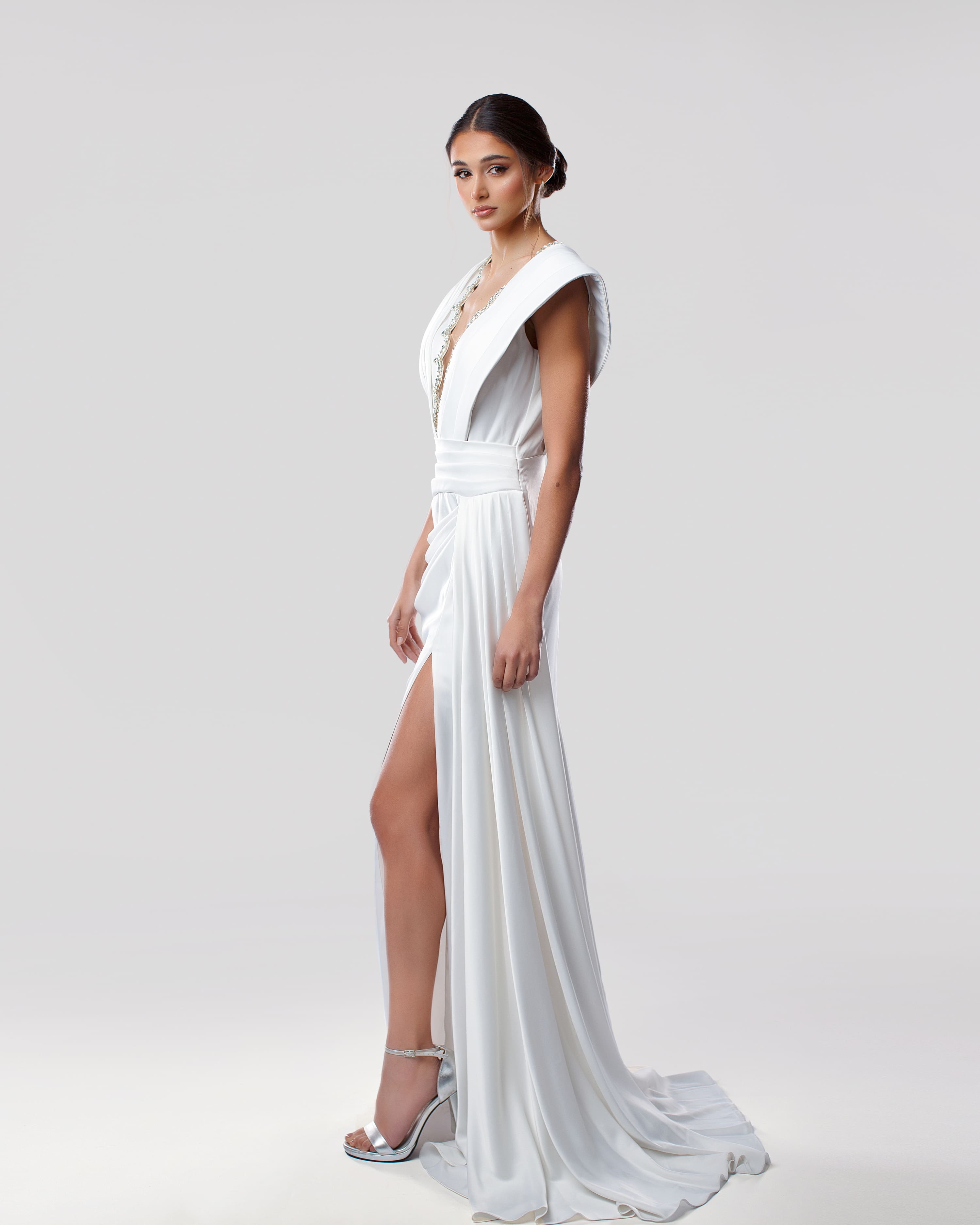 Plunging V-Neck Bridal Long Dress with Embellished Trim