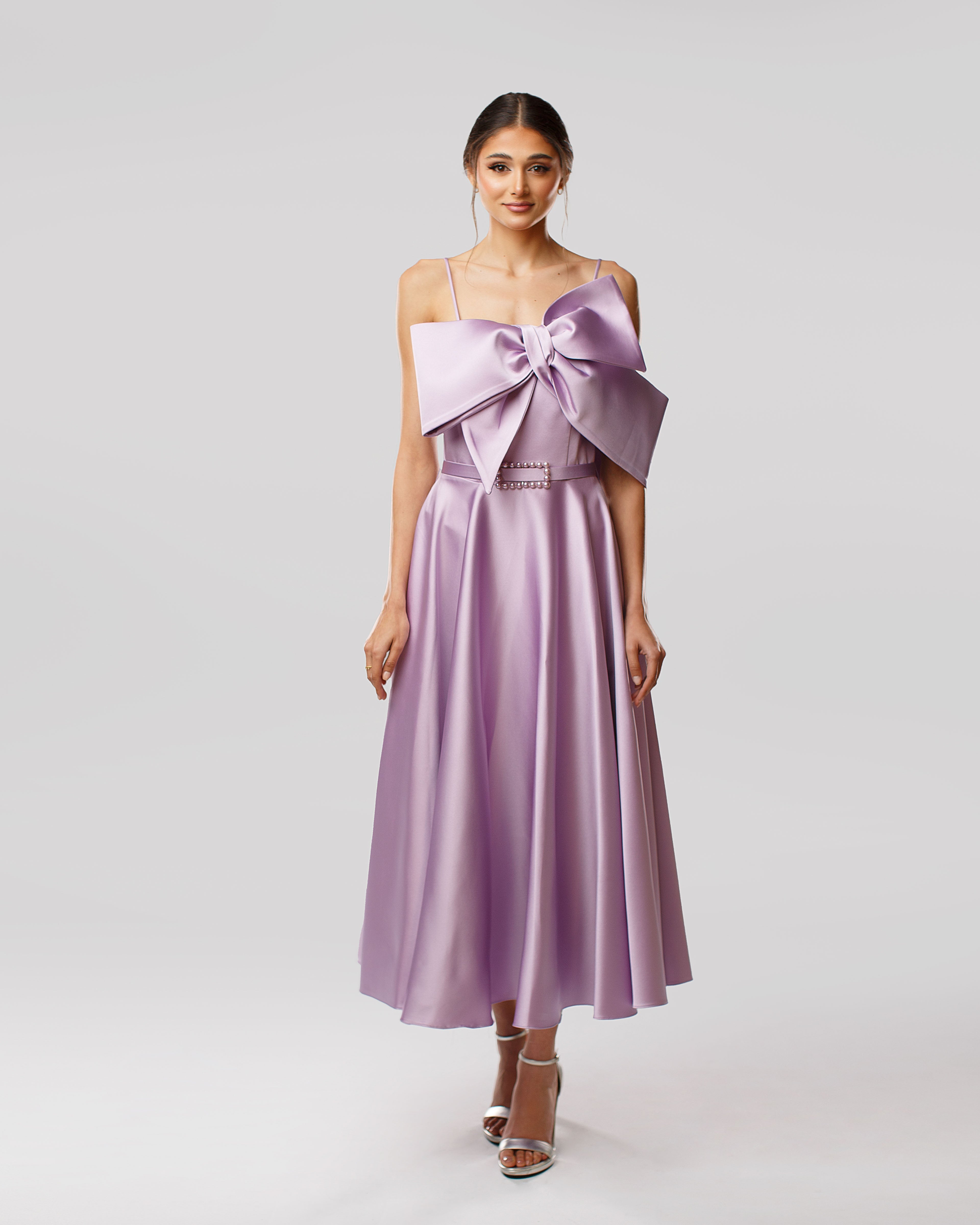 Satin Maxi Dress with Large Bow and Belt