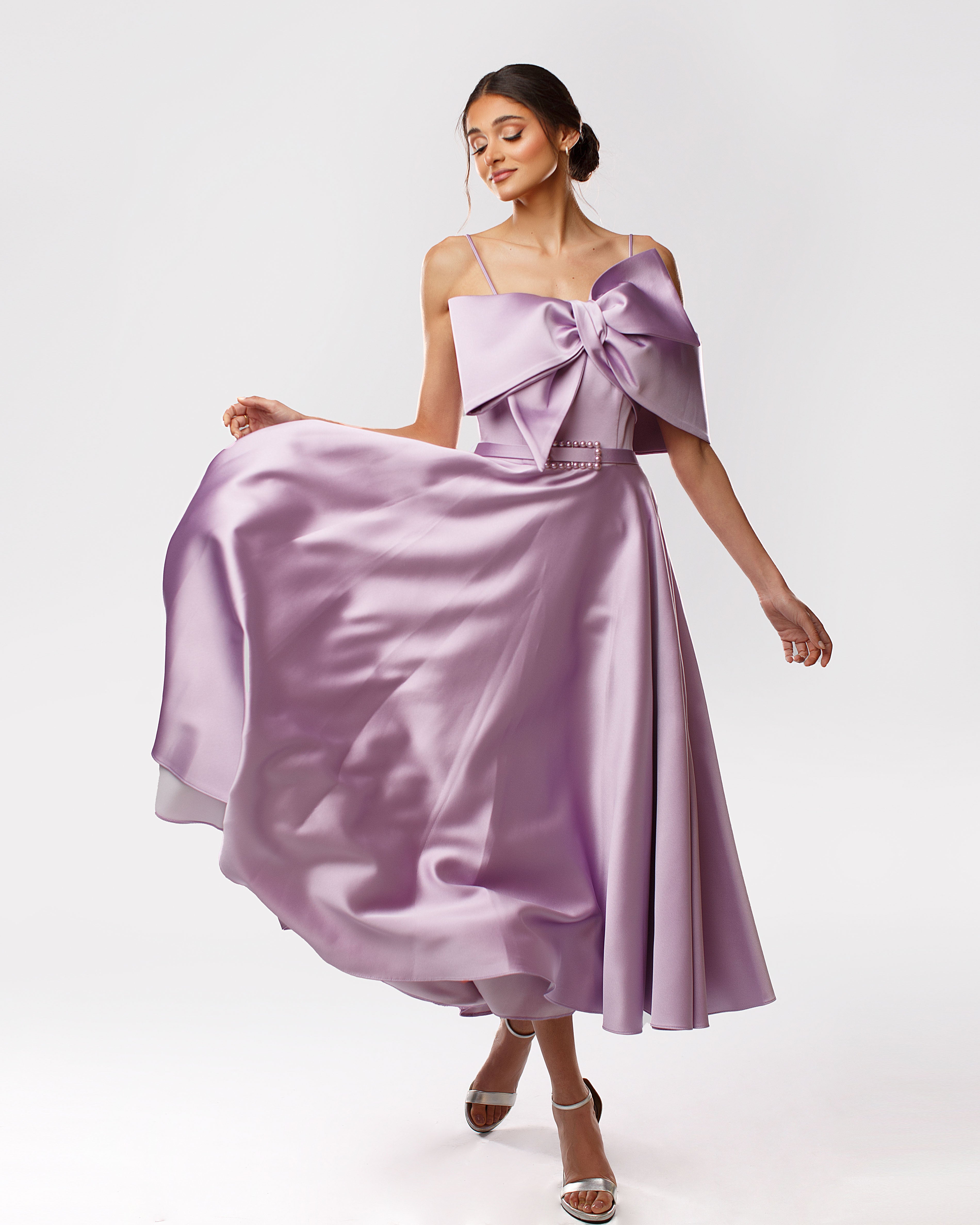 Satin Maxi Dress with Large Bow and Belt