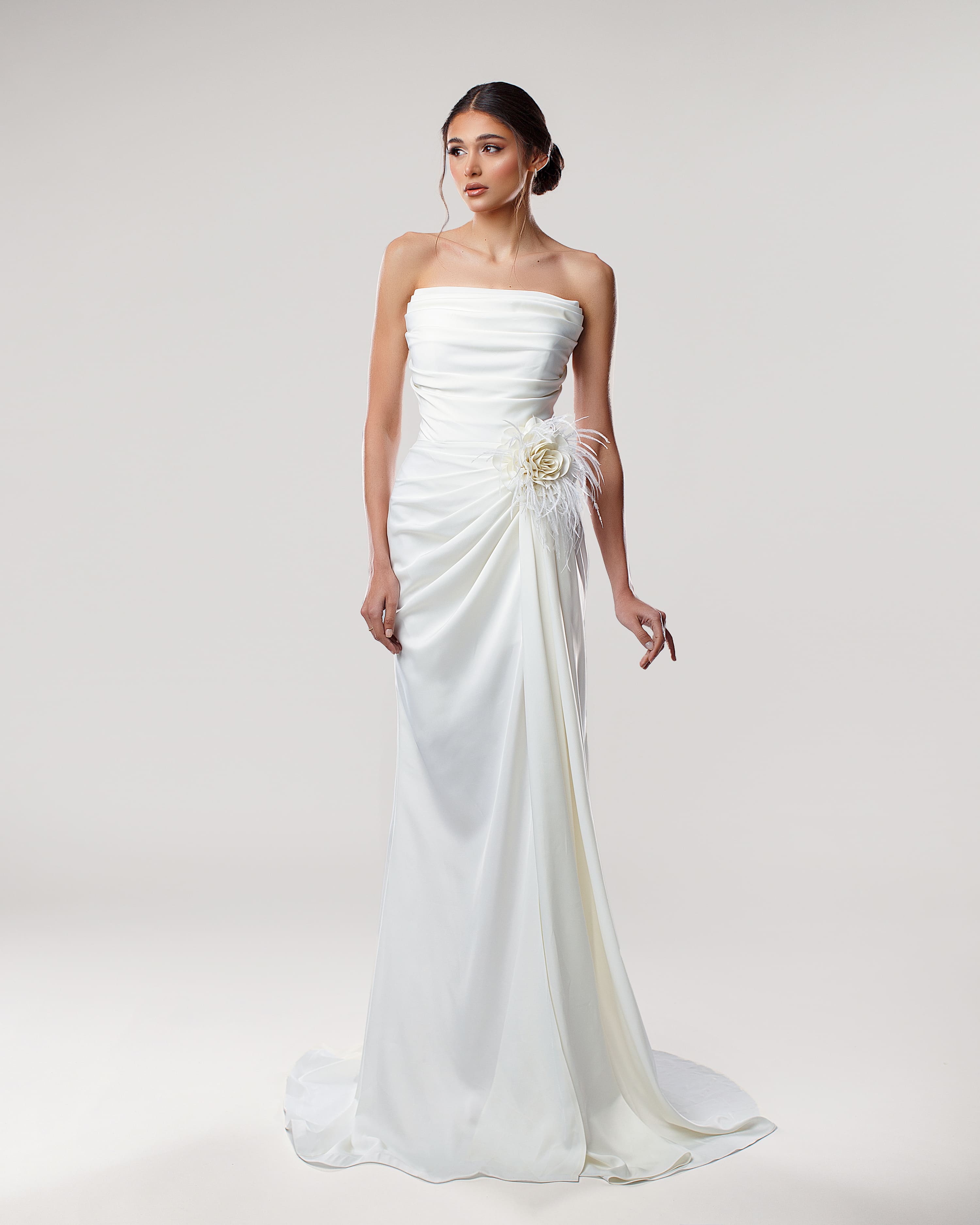 Strapless white bridal long satin dress with feather flower accent - Front view