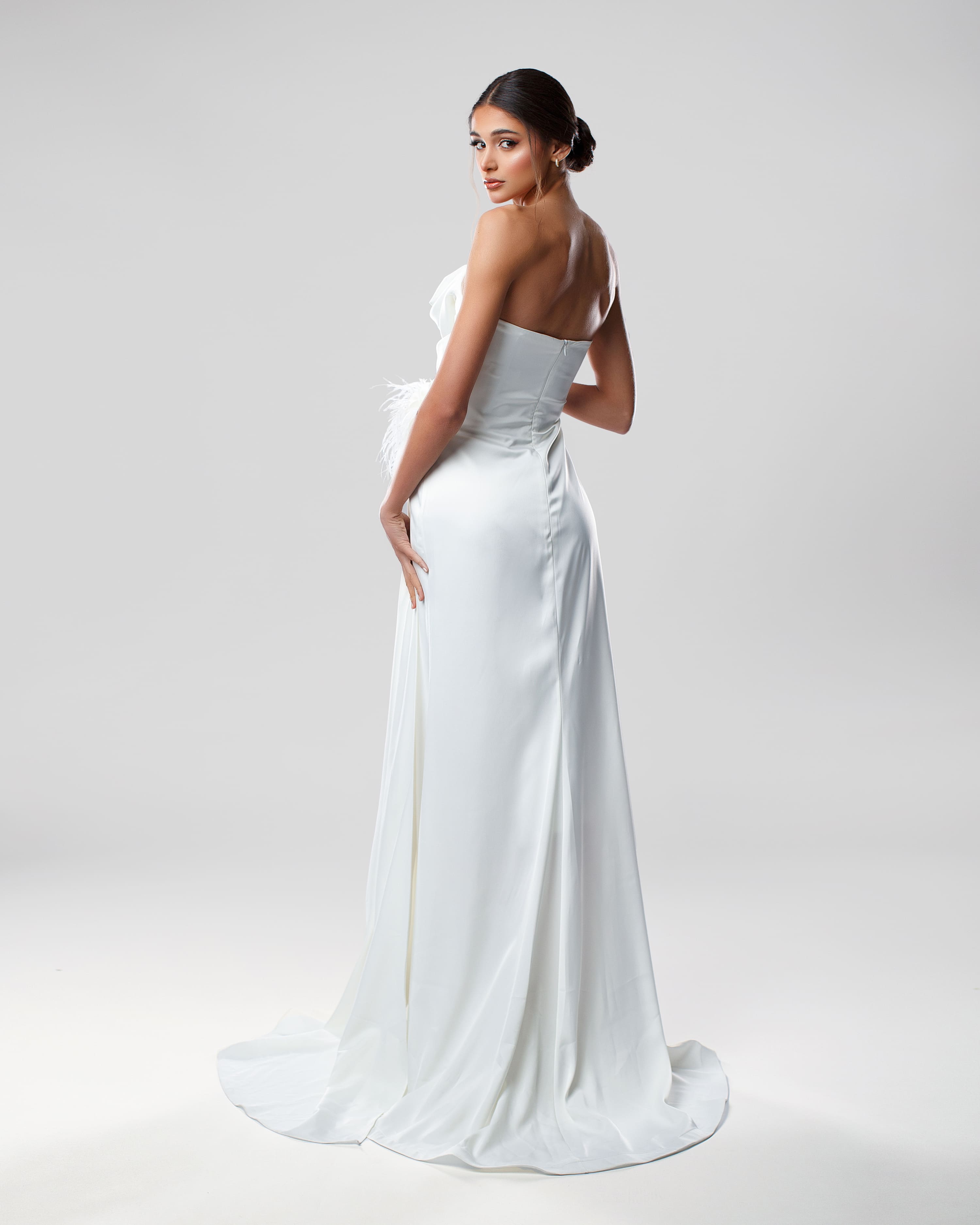 Strapless white bridal long dress with feather flower and train - Back view