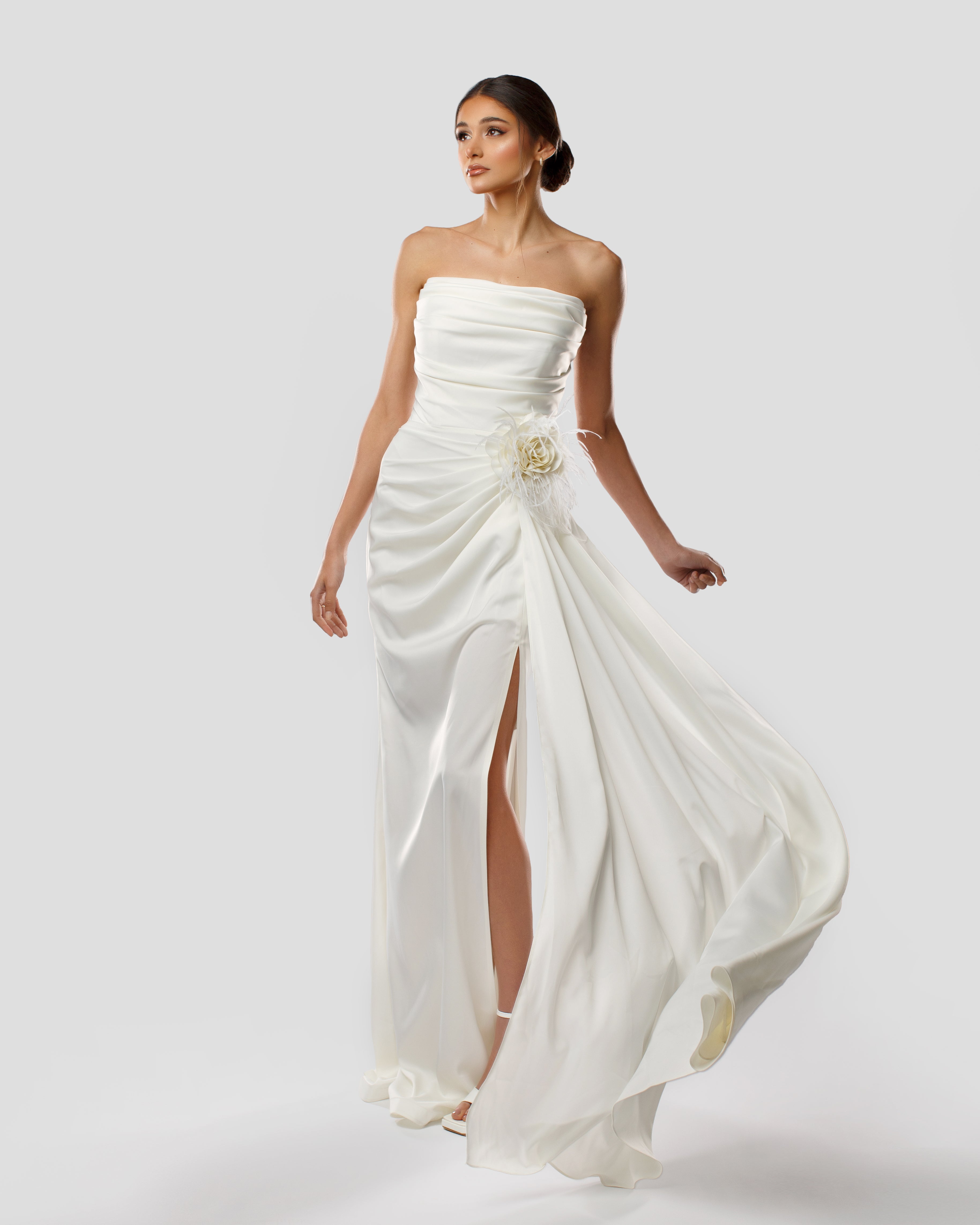 Strapless White Bridal Long Dress with Floral-Appliqué Feather-Trim